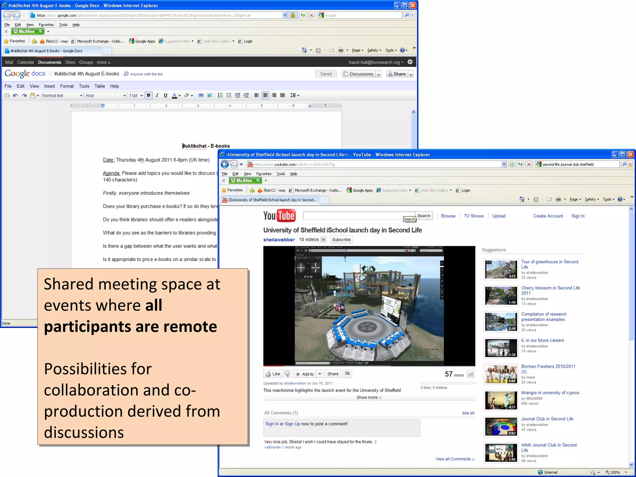 Shared meeting space at
Shared meeting space at
events where all
events where all
participants are remote
participants are remote

Possibilities for
Possibilities for
collaboration and co-
collaboration and co-
production derived from
production derived from
discussions
discussions
 