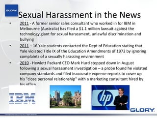 Sexual Harassment in the News 2011  - A former senior sales consultant who worked in for IBM in Melbourne (Australia) has filed a $1.1 million lawsuit against the technology giant for sexual harassment, unlawful discrimination and bullying 2011  – 16 Yale students contacted the Dept of Education stating that Yale violated Title IX of the Education Amendments of 1972 by ignoring complaints of a sexually harassing environment 2010  - Hewlett Packard CEO Mark Hurd stepped down in August following a sexual harassment investigation – a probe found he violated company standards and filed inaccurate expense reports to cover up his "close personal relationship" with a marketing consultant hired by his office 