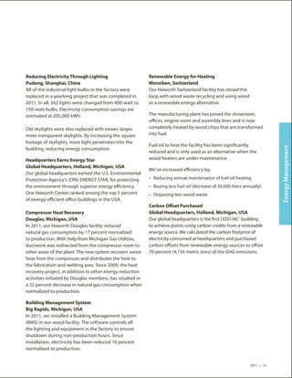Reducing Electricity Through Lighting                      Renewable Energy for Heating
Pudong, Shanghai, China                                    Menziken, Switzerland
All of the industrial light bulbs in the factory were      Our Haworth Switzerland facility has closed the
replaced in a yearlong project that was completed in       loop with wood waste recycling and using wood
2011. In all, 262 lights were changed from 400-watt to     as a renewable energy alternative.
150-watt bulbs. Electricity consumption savings are
estimated at 205,000 kWh.                                  The manufacturing plant has joined the showroom,
                                                           offices, engine room and assembly lines and is now
Old skylights were also replaced with newer, larger,       completely heated by wood chips that are transformed
more transparent skylights. By increasing the square       into fuel.
footage of skylights, more light penetrates into the
                                                           Fuel oil to heat the facility has been significantly




                                                                                                                             Energy Management
building, reducing energy consumption.
                                                           reduced and is only used as an alternative when the
Headquarters Earns Energy Star                             wood heaters are under maintenance.
Global Headquarters, Holland, Michigan, USA
                                                           We've increased efficiency by:
Our global headquarters earned the U.S. Environmental
Protection Agency’s (EPA) ENERGY STAR, for protecting      •	 Reducing annual maintenance of fuel oil heating
the environment through superior energy efficiency.        •	 Buying less fuel oil (decrease of 30,000 liters annually)
One Haworth Center ranked among the top 5 percent          •	 Disposing less wood waste
of energy-efficient office buildings in the USA.
                                                           Carbon Offset Purchased
Compressor Heat Recovery                                   Global Headquarters, Holland, Michigan, USA
Douglas, Michigan, USA                                     Our global headquarters is the first LEED-NC1 building
In 2011, our Haworth Douglas facility reduced              to achieve points using carbon credits from a renewable
natural gas consumption by 17 percent normalized           energy source. We calculated the carbon footprint of
to production. With help from Michigan Gas Utilities,      electricity consumed at headquarters and purchased
ductwork was redirected from the compressor room to        carbon offsets from renewable energy sources to offset
other areas of the plant. The new system recovers waste    70 percent (4,156 metric tons) of the GHG emissions.
heat from the compressor and distributes the heat to
the fabrication and welding area. Since 2009, the heat
recovery project, in addition to other energy reduction
activities initiated by Douglas members, has resulted in
a 32 percent decrease in natural gas consumption when
normalized to production.

Building Management System
Big Rapids, Michigan, USA
In 2011, we installed a Building Management System
(BMS) in our wood facility. The software controls all
the lighting and equipment in the factory to ensure
shutdown during non-production hours. Since
installation, electricity has been reduced 10 percent
normalized to production.


                                                                                                                 2011 | 14
 