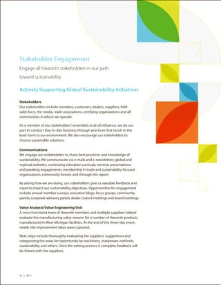 Stakeholder Engagement
Engage all Haworth stakeholders in our path
toward sustainability.

Actively Supporting Global Sustainability Initiatives

Stakeholders
Our stakeholders include members, customers, dealers, suppliers, field
sales force, the media, trade associations, certifying organizations and all
communities in which we operate.

As a member of our stakeholders’ extended circle of influence, we do our
part to conduct day-to-day business through practices that result in the
least harm to our environment. We also encourage our stakeholders to
choose sustainable solutions.

Communications
We engage our stakeholders to share best practices and knowledge of
sustainability. We communicate via e-mails and e-newsletters; global and
regional websites; continuing education curricula; seminar presentations
and speaking engagements; membership in trade and sustainability-focused
organizations; community forums and through this report.

By asking how we are doing, our stakeholders give us valuable feedback and
input to impact our sustainability objectives. Opportunities for engagement
include annual member surveys, executive blogs, focus groups, community
panels, corporate advisory panels, dealer council meetings and board meetings.

Value Analysis/Value Engineering Visit
A cross-functional team of Haworth members and multiple suppliers helped
evaluate the manufacturing value streams for a number of Haworth products
manufactured in West Michigan facilities. At the end of the three-day event,
nearly 560 improvement ideas were captured.

Next steps include thoroughly evaluating the suppliers' suggestions and
categorizing the areas for opportunity by machinery, manpower, methods,
sustainability and others. Once the vetting process is complete, feedback will
be shared with the suppliers.




25 | 2011
 