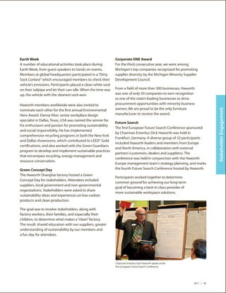 Earth Week                                                     Corporate ONE Award
A number of educational activities took place during           For the third consecutive year, we were among
Earth Week, from guest speakers to hands on events.            Michigan's top companies recognized for promoting
Members at global headquarters participated in a “Dirty        supplier diversity by the Michigan Minority Supplier
Sock Contest” which encouraged members to check their          Development Council.
vehicle’s emissions. Participants placed a clean white sock
on their tailpipe and let their cars idle. When the time was   From a field of more than 300 businesses, Haworth
up, the vehicle with the cleanest sock won.                    was one of only 50 companies to earn recognition
                                                               as one of the state’s leading businesses to drive
Haworth members worldwide were also invited to                 procurement opportunities with minority business
                                                               owners. We are proud to be the only furniture




                                                                                                                            Stakeholder Engagement
nominate each other for the first annual Environmental
Hero Award. Danny Vitor, senior workplace design               manufacturer to receive the award.
specialist in Dallas, Texas, USA was named the winner for
                                                               Future Search
his enthusiasm and passion for promoting sustainability
                                                               The first European Future Search Conference sponsored
and social responsibility. He has implemented
                                                               by Chairman Emeritus Dick Haworth was held in
comprehensive recycling programs in both the New York
                                                               Frankfurt, Germany. A diverse group of 52 participants
and Dallas showrooms, which contributed to LEED® Gold
                                                               included Haworth leaders and members from Europe
certifications, and also worked with the Green Guardians
                                                               and North America, in collaboration with external
program to develop and implement sustainable practices
                                                               partners (customers, dealers and suppliers). The
that encompass recycling, energy management and
                                                               conference was held in conjunction with the Haworth
resource conservation.
                                                               Europe management team's strategy planning, and marks
Green Concept Day                                              the fourth Future Search Conference hosted by Haworth.
The Haworth Shanghai factory hosted a Green
                                                               Participants worked together to determine
Concept Day for stakeholders. Attendees included
                                                               common ground for achieving our long-term
suppliers, local government and non-governmental
                                                               goal of becoming a best-in-class provider of
organizations. Stakeholders were asked to share
                                                               more sustainable workspace solutions.
sustainability ideas and experiences on low-carbon
products and clean production.

The goal was to involve stakeholders, along with
factory workers, their families, and especially their
children, to determine what makes a “clean” factory.
The result: shared education with our suppliers, greater
understanding of sustainability by our members and
a fun day for attendees.




                                                               Chairman Emeritus Dick Haworth speaks at the
                                                               first European Future Search Conference.




                                                                                                                2011 | 26
 