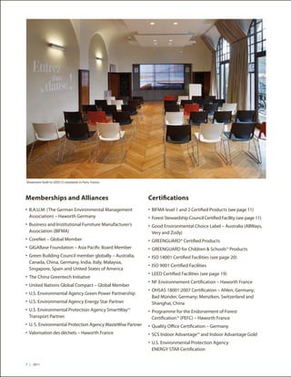 Showroom built to LEED-CI standards in Paris, France



Memberships and Alliances                                    Certifications
•	 B.A.U.M. (The German Environmental Management             •	 BIFMA level 1 and 2 Certified Products (see page 11)
 Association) – Haworth Germany                              •	 Forest Stewardship Council Certified Facility (see page 11)
•	 Business and Institutional Furniture Manufacturer’s       •	 Good Environmental Choice Label – Australia (AllWays,
 Association (BIFMA)                                          Very and Zody)
•	 CoreNet – Global Member                                   •	 GREENGUARD® Certified Products
•	 GIGABase Foundation – Asia Pacific Board Member           •	 GREENGUARD for Children & Schools Products
                                                                                                       SM



•	 Green Building Council member globally – Australia,       •	 ISO 14001 Certified Facilities (see page 20)
 Canada, China, Germany, India, Italy, Malaysia,
                                                             •	 ISO 9001 Certified Facilities
 Singapore, Spain and United States of America
                                                             •	 LEED Certified Facilities (see page 19)
•	 The China Greentech Initiative
                                                             •	 NF Environnement Certification – Haworth France
•	 United Nations Global Compact – Global Member
                                                             •	 OHSAS 18001:2007 Certification – Ahlen, Germany;
•	 U.S. Environmental Agency Green Power Partnership
                                                              Bad Münder, Germany; Menziken, Switzerland and
•	 U.S. Environmental Agency Energy Star Partner              Shanghai, China
•	 U.S. Environmental Protection Agency SmartWay       SM
                                                             •	 Programme for the Endorsement of Forest
 Transport Partner                                            Certification™ (PEFC) – Haworth France
•	 U. S. Environmental Protection Agency WasteWise Partner   •	 Quality Office Certification – Germany
•	 Valorisation des déchets – Haworth France                 •	 SCS Indoor Advantage™ and Indoor Advantage Gold
                                                             •	 U.S. Environmental Protection Agency
                                                              ENERGY STAR Certification


7 | 2011
 