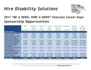 Hire Disability Solutions
2011 “BE A HERO, HIRE A HERO” Veterans Career Expo
Sponsor ship Opportunities
	
                                                             Hero 	
               M edal	
  of	
               Bronze	
                    Purple	
                 M eritorious	
   Veterans 	
                            Soldier 	
             Enlist	
  
                                                                 	
                   Honor 	
                     Star	
                     Heart	
                    Service 	
      	
                                   Exh ibitor	
          Exhibitor 	
  
                                                        ($15 0 ,000) 	
  	
   ($ 100,0 00) 	
                    ($75, 000) 	
              (50,00 0) 	
                ($ 2 5,000) 	
   	
   ($10 ,000) 	
                    ($5 , 0 00) 	
        ($ 1,0 00) 	
  
ANNUAL	
  	
  BENEFIITS	
  	
  
AN N U AL BEN EF TS                                           	
                    	
                                	
                        	
                            	
                   	
                                	
                   	
  
Veterans	
  Expo	
  Virtual	
  -­‐	
  2	
  weeks	
          Included	
                  Included	
                 Included	
                 Included	
                   Included	
                  Included	
                Included	
          Included	
  
Veterans	
  Expo	
  Booth	
                                 Included	
                  Included	
                 Included	
                 Included	
                   Included	
                  Included	
              	
  Included	
       Not	
  Included	
  
VIP	
  Breakfast	
  with	
  Adm.	
  Mullen	
               12	
  Tickets	
             10	
  Tickets	
             8	
  Tickets	
             6	
  Tickets	
               4	
  Tickets	
              2	
  Tickets	
           2	
  Tickets	
      Not	
  Included	
  
Sponsor	
  Level	
  Branding	
  on	
  	
                    Included	
                  Included	
                 Included	
                 Included	
                   Included	
                  Included	
             Not	
  Included	
     Not	
  Included	
  
Marketing	
  &	
  Promo	
  Materials	
  
New	
  York	
  Times	
  Advertisement	
                     6	
  x	
  18	
  ad	
      6	
  x	
  10.5	
  ad	
     3	
  x	
  10.5	
  ad	
     3	
  x	
  5.25	
  ad	
       2	
  x	
  5.25	
  ad	
       1	
  x	
  3	
  ad	
     Not	
  Included	
     Not	
  Included	
  
New	
  York	
  Times	
  Edit	
  Mention	
                   Included	
                 Included	
                 Included	
                 Included	
                   Included	
                Not	
  Included	
         Not	
  Included	
     Not	
  Included	
  
Company	
  Logo	
  on	
  Website	
                          Included	
                 Included	
                 Included	
                 Included	
                   Included	
                 Included	
               Not	
  Included	
     Not	
  Included	
  
URL	
  Linked	
  to	
  Company’s	
  	
                      Included	
                 Included	
                 Included	
                 Included	
                   Included	
                 Included	
               Not	
  Included	
     Not	
  Included	
  
Career	
  Website	
  
Blast	
  Email	
  with	
  Company	
  Profile	
              Included	
                  Included	
                 Included	
                 Included	
                   Included	
               Not	
  Included	
         Not	
  Included	
     Not	
  Included	
  
on	
  Veterans	
  Hiring	
  
Banner	
  Advertisement	
  in	
  “Be	
  a	
                 Included	
                  Included	
                 Included	
                 Included	
                Not	
  Included	
           Not	
  Included	
         Not	
  Included	
     Not	
  Included	
  
Hero	
  –	
  Hire	
  a	
  Hero”	
  Section	
  
Company	
  Video	
  on	
  Website	
                 5	
  Min.	
  Video	
             3	
  Min.	
  Video	
      1	
  Min.	
  Video	
        Not	
  Included	
           Not	
  Included	
      Not	
  Included	
              Not	
  Included	
      Not	
  Included	
  
Podium	
  Presentation	
  	
                             Included	
                       Included	
           Not	
  Included	
           Not	
  Included	
           Not	
  Included	
      Not	
  Included	
              Not	
  Included	
      Not	
  Included	
  
Introduction	
  of	
  Keynote	
  Speaker	
               Included	
                  Not	
  Included	
         Not	
  Included	
           Not	
  Included	
           Not	
  Included	
      Not	
  Included	
              Not	
  Included	
      Not	
  Included	
  
TOTAL	
  	
  VALUE	
  	
  
TO TA L V A LU E                                        $186,,524	
  	
  
                                                         $186 524                        $122,,014	
  	
  
                                                                                          $122 014                  $76,,257	
  	
  
                                                                                                                    $76 257                   $50,,628	
  	
  
                                                                                                                                              $50 628                    $37,,143	
  	
  
                                                                                                                                                                         $37 143                   $12,,834	
  	
  
                                                                                                                                                                                                    $12 834                     $5,,000	
  	
  
                                                                                                                                                                                                                                 $5 000               $1,,000	
  	
  
                                                                                                                                                                                                                                                       $1 000
                             Note:	
  Drayage	
  Costs	
  such	
  as	
  pipe	
  &	
  drape,	
  table	
  &	
  chairs	
  and	
  electricity	
  are	
  included	
  in	
  Expo	
  Booth;	
  Internet	
  access	
  is	
  at	
  additional	
  cost.	
  
                                                                                                                                      	
  
                                                                                                                                      	
  
                        For	
  additional	
  information,	
  please	
  contact	
  Brandon	
  Macsata	
  at	
  (305)	
  519-­‐4256	
  or	
  via	
  email	
  at	
  brandon@macsata.org.	
  
                                         Hire	
  Disability	
  Solutions	
  ¦	
  4	
  Pipers	
  Glen,	
  West	
  Nyack,	
  NY	
  10994	
  ¦	
  http://www.hireds.com	
  	
  
 