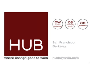 cw
                             curated
                                          ce
                                         community
                                                      ac
                                                     accelerator
                            workspaces     events




                            San Francisco
                            Berkeley



where change goes to work   hubbayarea.com
                                                                   
 