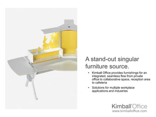 A stand-out singular
furniture source.
 • Kimball Office provides furnishings for an
   integrated, seamless flow from private
   office to collaborative space, reception area
   to cafeteria
 • Solutions for multiple workplace
   applications and industries




                   www.kimballoffice.com
 