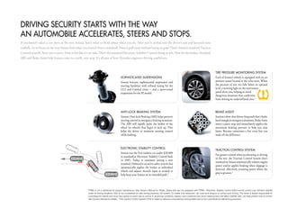 DRiVinG SecURitY StaRtS With the WaY
an aUtomoBile acceleRateS, SteeRS anD StoPS.
If you haven’t taken a test drive in the new Sonata, here’s what to think about when you do. After you’ve settled into the driver’s seat and fastened your
seatbelt, try to focus on the way Sonata feels when you launch from a standstill. Does it pull away without losing its grip? That’s Sonata’s standard Traction
Control at work. Steer into a curve. Does it feel like it’s on rails? That’s the standard Electronic Stability Control doing its job. Now hit the brakes. Standard
ABS and Brake Assist help Sonata come to a swift, sure stop. It’s all part of how Hyundai engineers driving confidence.



                                                                                                                                                                                                        tiRe PReSSURe monitoRinG SYStem
                                                                                               SoPhiSticateD SUSPenSionS                                                                                Each of Sonata’s wheels is equipped with an air
                                                                                               Sonata features sophisticated suspension and                                                             pressure sensor located at the valve stem. When
                                                                                               steering hardware with refined tuning for the                                                            the pressure of any tire falls below its optimal
                                                                                               GLS and Limited trims - and a sport-tuned                                                                level, a warning light on the instrument
                                                                                               suspension for the SE model.                                                                             panel alerts you, helping to avoid
                                                                                                                                                                                                        dangerous situations that could arise
                                                                                                                                                                                                        from driving on underinflated tires.1



                                                                                               anti-lock BRakinG SYStem                                                                                 BRake aSSiSt
                                                                                               Sonata’s Anti-lock Braking (ABS) helps preserve                                                          Statistics show that drivers frequently don’t brake
                                                                                               steering control in emergency braking situations.                                                        hard enough in emergency situations. Brake Assist
                                                                                               The ABS will rapidly pulse the brakes of the                                                             senses a panic stop and immediately applies the
                                                                                               wheel (or wheels) that begin to lock up. This                                                            maximum braking pressure to help you stop
                                                                                               helps the driver to maintain steering control                                                            faster. Because sometimes a few extra feet can
                                                                                               while braking.                                                                                           make all the difference.



                                                                                               electRonic StaBilitY contRol
                                                                                                                                                                                                        tRaction contRol SYStem
                                                                                               Sonata was the first midsize car under $20,000
                                                                                                                                                                                                        For greater control when accelerating or driving
                                                                                               to standardize Electronic Stability Control back
                                                                                                                                                                                                        in the wet, the Traction Control System that’s
                                                                                               in 2005. Today, it continues setting a new
                                                                                                                                                                                                        standard on Sonata automatically reduces engine
                                                                                               standard. Onboard is an active safety system that
                                                                                                                                                                                                        power and/or applies braking when slippage is
                                                                                               automatically applies the brakes to individual
                                                                                                                                                                                                        detected, effectively rerouting power where the
                                                                                               wheels and adjusts throttle input as needed to
                                                                                                                                                                                                        grip is greatest.3
                                                                                               help keep your Sonata on its intended path.2



                                                        1
                                                            TPMS is not a substitute for proper maintenance. See Owner’s Manual for details. Spare tires are not equipped with TPMS. 2 Electronic Stability Control (ESC) cannot control your vehicle’s stability
                                                            under all driving situations. ESC is not a substitute for safe driving practices. No system, no matter how advanced, can overcome physics or correct poor driving. The driver is always responsible for
                                                            controlling the vehicle and must use caution to avoid loss of control in all driving conditions. Speed, road conditions and driver steering input will affect whether ESC can help prevent loss of control.
                                                            See Owner's Manual for details. 3 The Traction Control System (TCS) is meant to enhance conscientious driving habits and is not a substitute for safe driving practices.
 