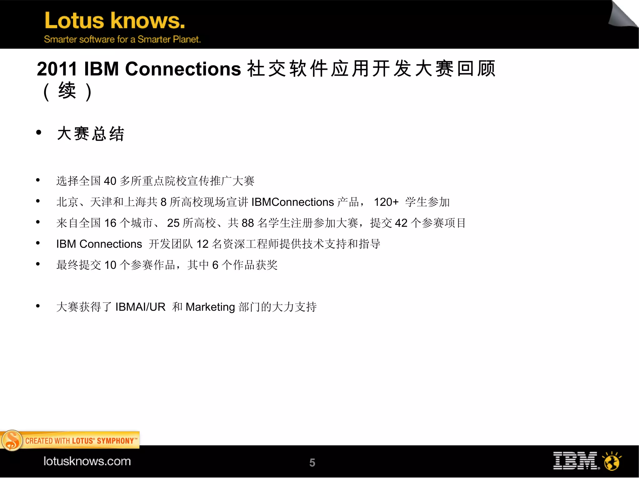 2011 IBM Connections 社交软件应用开发大赛回顾
（续）
●
    大赛总结

●
    选择全国 40 多所重点院校宣传推广大赛
●
    北京、天津和上海共 8 所高校现场宣讲 IBMConnections 产品， 120+ 学生参加
●
    来自全国 16 个城市、 25 所高校、共 88 名学生注册参加大赛，提交 42 个参赛项目
●
    IBM Connections 开发团队 12 名资深工程师提供技术支持和指导
●
    最终提交 10 个参赛作品，其中 6 个作品获奖


●
    大赛获得了 IBMAI/UR 和 Marketing 部门的大力支持




                                    5
 