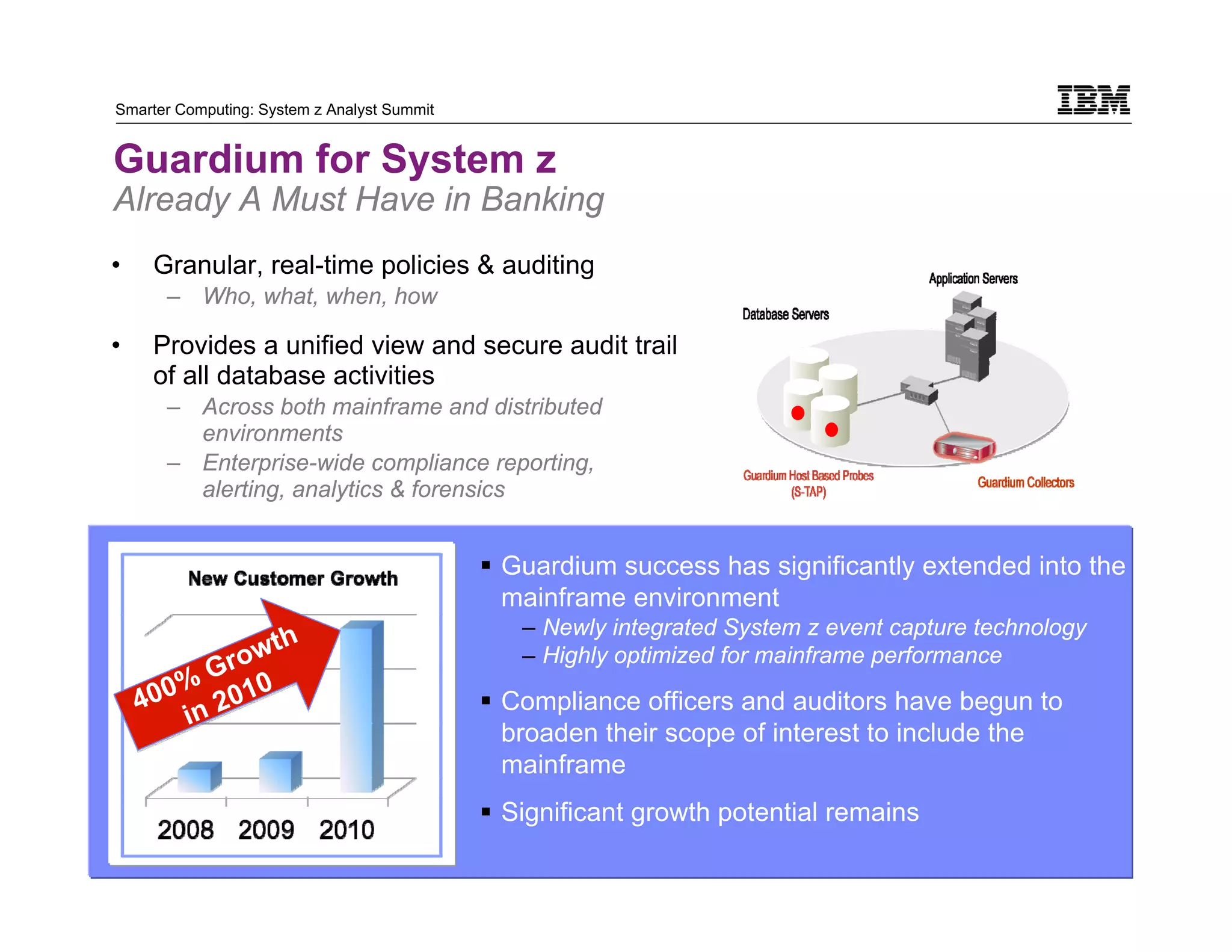 Smarter Computing: System z Analyst Summit


Guardium for System z
Already A Must Have in Banking
•         Granular, real-time policies & auditing
           – Who, what, when, how

•         Provides a unified view and secure audit trail
          of all database activities
           – Across both mainframe and distributed
             environments
           – Enterprise-wide compliance reporting,
             alerting, analytics & forensics


                                             Guardium success has significantly extended into the
                                             mainframe environment
                                              – Newly integrated System z event capture technology
               th
          G row                               – Highly optimized for mainframe performance
       0% 010
     40 in 2                                 Compliance officers and auditors have begun to
                                             broaden their scope of interest to include the
                                             mainframe
                                             Significant growth potential remains
20                                                                                             © 2011 IBM
     20
 