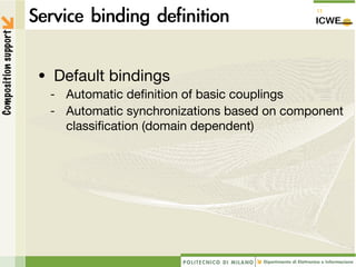 Composition support




                      • Default bindings
                       -   Automatic deﬁnition of basic couplings
                       -   Automatic synchronizations based on component
                           classiﬁcation (domain dependent)
 