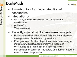 Domain specific focus


                        • A mashup tool for the construction of
                          dashboards
                        • Integration of
                         -   company internal services on top of local data
                             warehouses
                         -   public APIs
                         -   Web resources
                        • Recently specialized for sentiment analysis
                         -   Project funded by Milan Municipality on the analyses of
                             the reputation of the Milan city services
                         -   Emergent need for the integration of sentiment analysis
                             indicators with relevant external Web resources
                         -   We developed domain-speciﬁc services for the
                             computation of sentiment indicators and domain-speciﬁc
                             rules for their composition
 