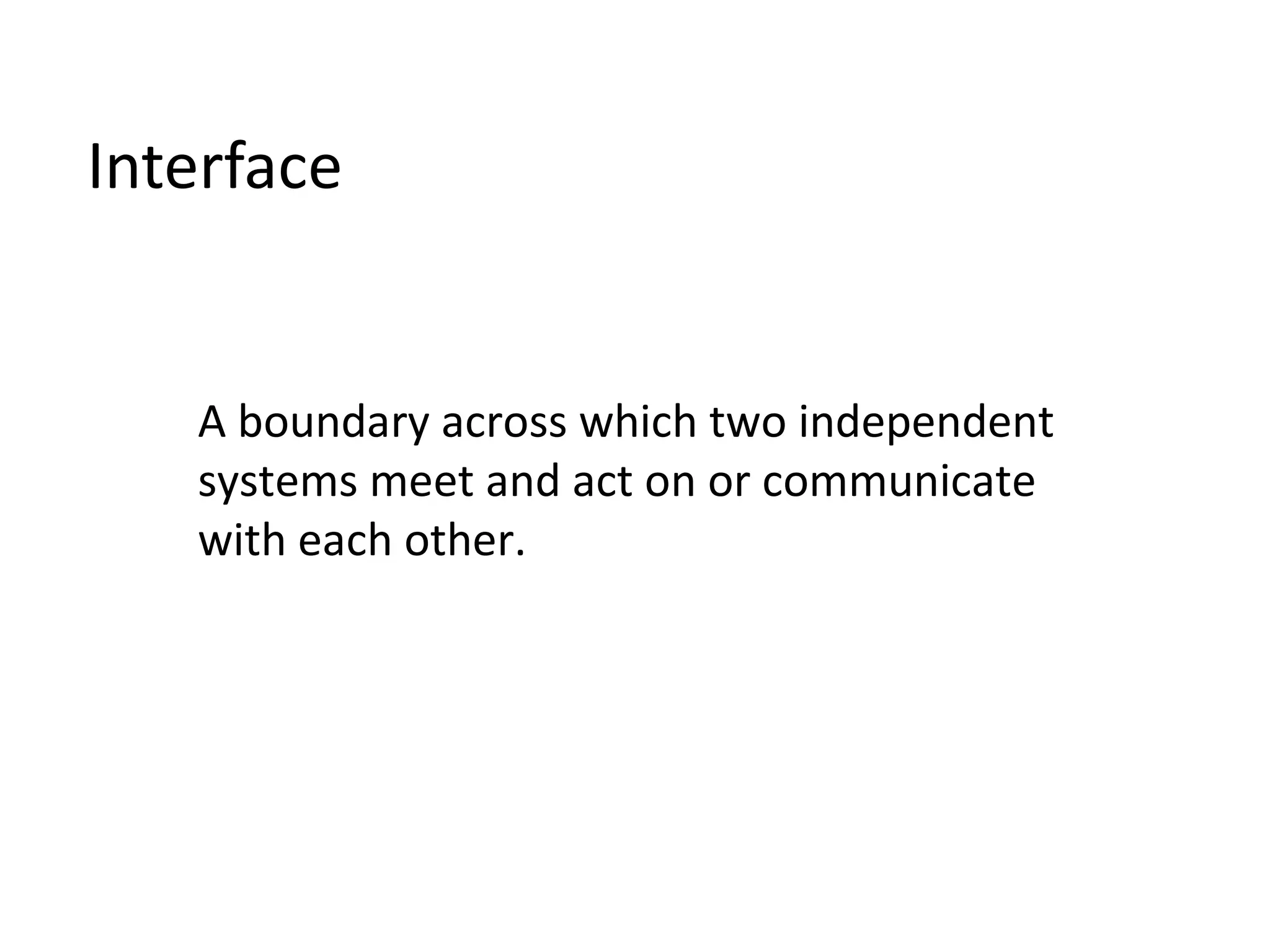 Interface 00 A boundary across which two independent systems meet and act on or communicate with each other. 