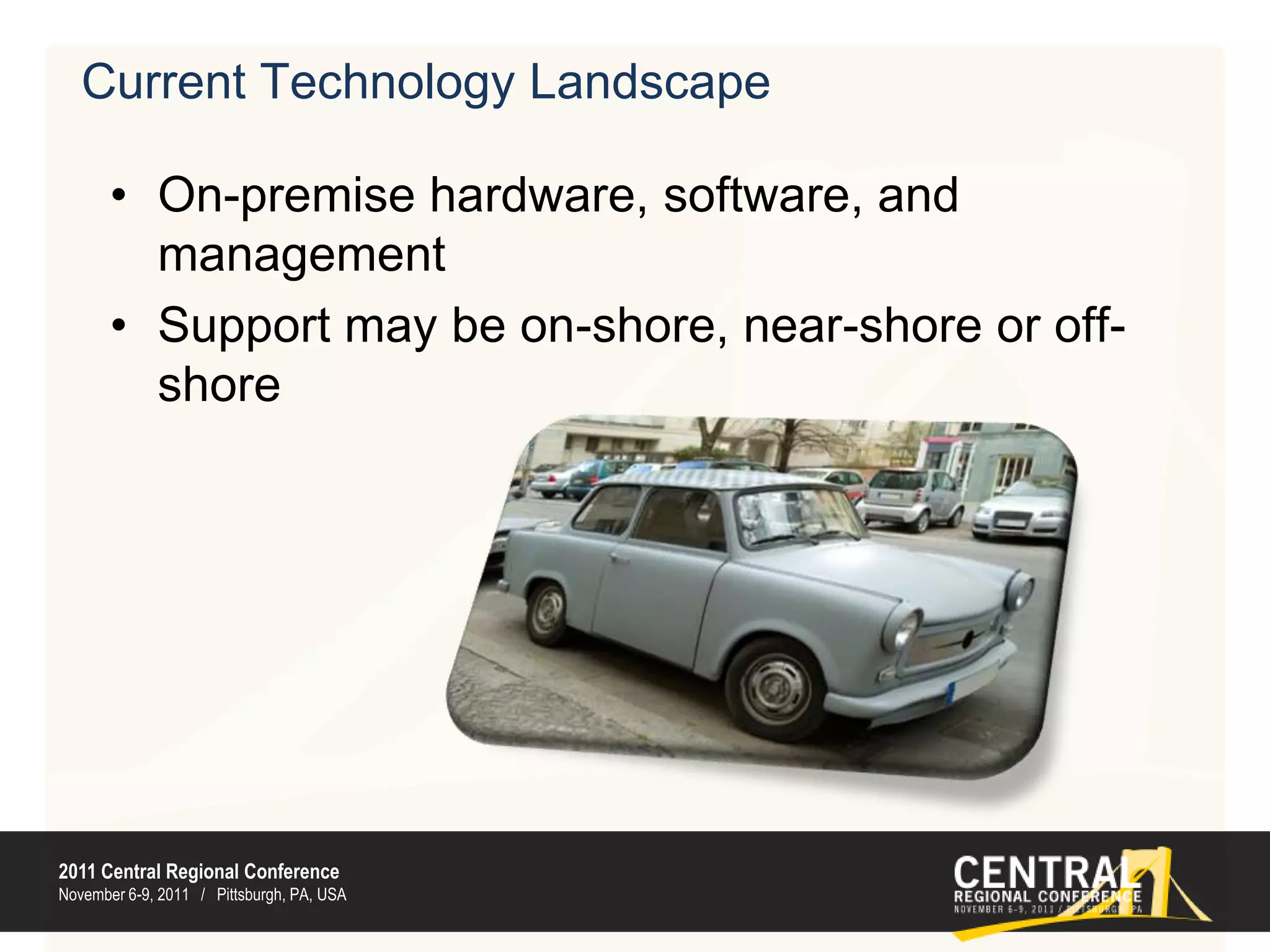 Current Technology LandscapeOn-premise hardware, software, and managementSupport may be on-shore, near-shore or off-shore