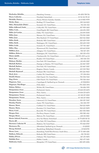 Meyboden, Rebekka – Mullestein, Linda Telephone Index
102 2011 Imago Membership Directory
Meyboden, Rebekka........................................Ottersberg, Germany.....................................................................................49-4293-789 716
Meyer, Catherine...............................................Neuchâtel, Switzerland................................................................................. 41-76-541-99-22
Michalka, Patricia.............................................Floreat, Western Australia, Australia........................................................61-8-9383-9799
Michie, Dana.......................................................Redding, CT, United States...............................................................................203-544-8122
Miles, Marmaduke (Duke)..........................Savannah, GA, United States.............................................................................. 912-233-1312
Miller-deBerard, Linda.................................Colleyville, TX, United States .........................................................................817-909-1820
Miller, Carla.........................................................Grand Rapids, MI, United States....................................................................616-676-3292
Miller, Jo Carolyn..............................................Dallas, TX, United States...................................................................................214-691-0400
Miller, Joan...........................................................Marietta, GA, United States.............................................................................770-952-3308
Miller, Joan...........................................................West Hartford, CT, United States................................................................. 860-561-2868
Miller, Keith.........................................................Bethesda, MD, United States...........................................................................202-629-1949
Miller, Keith.........................................................Washington, DC, United States.......................................................................202-629-1949
Miller, Leslie........................................................Seminole, FL, United States..............................................................................727-743-1867
Miller, Meg...........................................................Wynnewood, PA, United States .....................................................................610-642-8248
Milliken, Jean......................................................Arlington, VA, United States.............................................................................703-527-1871
Milliken, Rebecca.............................................Washington, DC, United States.......................................................................202-255-4733
Minter, Judith......................................................Charlottesville, VA, United States....................................................434-971-4747 ext.114
Misel, Ann.............................................................Boulder, CO, United States...............................................................................303-530-1715
Mishaan, Marilyn..............................................New York, NY, United States.............................................................................212-691-2507
Mitchell, Barbara..............................................Hastings-on-Hudson, NY, United States .....................................................212-867-5507
Mitchell, Barbara..............................................New York, NY, United States............................................................................212-867-5507
Mitchell, Chris....................................................Kingston, Ontario, Canada............................................................................... 613-549-7863
Mitchell, Raymond ..........................................Portland, OR, United States............................................................................503-226-9063
Mock, Jerry...........................................................Carlisle, PA, United States..................................................................................717-258-0214
Modell, Dianne..................................................Falls Church, VA, United States.....................................................................703-304-7443
Mog, Gloria ..........................................................Falls Church, VA, United States.....................................................................703-550-4164
Mogensen, Anne ................................................Copenhagen K, Sjaelland og oer, Denmark...................................................45 35263834
Mogensen, Tina Ringer..................................Doha, Qatar...........................................................................................................974-3325-3194
Mohon, Melissa..................................................Wichita, KS, United States.................................................................................316-686-5195
Moispointner, Ernst.........................................Fischamend, Austria......................................................................................43-664-213-6674
Moispointner, Ernst.........................................Wien, Austria...................................................................................................43-664-213-6674
Moispointner, Verena .....................................Fischamend, Austria......................................................................................43-140-217-0010
Moispointner, Verena .....................................Wien, Austria...................................................................................................43-140-217-0010
Monahan, Susan ................................................Lakewood, CA, United States.........................................................................303-257-7047
Monday, Pamela.................................................Austin, TX, United States....................................................................................512-330-1757
Monroe, Maria....................................................Carlsbad, CA, United States............................................................................760-632-9699
Monroe, Maria....................................................Encinitas, CA, United States............................................................................760-632-9699
Moon, Carol.........................................................Knoxville, TN, United States..........................................................................865-558-5884
Morgan, Katy.......................................................Port Perry, Ontario, Canada.............................................................................905-985-4161
Morgan, Renee....................................................Malvern, PA, United States................................................................................610-251-0821
Morier Aubord, Francoise............................Avry-Sur-Matran, Switzerland.................................................................41-79-608-00-50
Morris, Jill.............................................................New York, NY, United States............................................................................212-989-3281
Morrisett, Catherine M.................................Madison, NJ, United States..............................................................................973-822-0707
Mortensen, Pia....................................................Albertslund, Sjaelland og oer, Denmark..............................................................43 621092
Morup, Elsebeth................................................Skanderborg, Midtjylland, Denmark................................................................45 86511701
Mosue, Letta.........................................................Rustenburg, North West Province, South Africa................................27-72-408-4281
Mulhern, Deborah............................................Bethesda, MD, United States..............................................................................301-718-8111
Mulkey, R’Lene...................................................Cleburne, TX, United States..............................................................................817-271-9075
Mullally, Peter.....................................................Halifax, Canada.....................................................................................................902-477-5621
Mullestein, Linda..............................................Montpelier, VT, United States .......................................................................802-229-4406
 