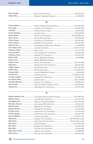 Myers, Dwight – Olsen, NancyTelephone Index
2011 Imago Membership Directory 103
Myers, Dwight.....................................................Ithaca, NY, United States...................................................................................607-273-7494
Naldal, Ellen........................................................Hadsund, Nordjylland, Denmark.....................................................................45 98573535
N
Naude, Michele..................................................Durban, KwaZulu-Natal, South Africa....................................................27-31-266-5543
Neary, Judy ...........................................................Alexandria, VA, United States.........................................................................703-408-3294
Neely, Jill................................................................Sudbury, Ontario, Canada ..................................................................................705-673-6110
Neeman, Hadassa..............................................Jerusalem, Israel ...................................................................................................972-2-5671330
Nelson, Butler.....................................................Berkeley, CA, United States ..................................................................510-548-8980 ext.3
Nelson, Karen......................................................Dayton, OH, United States...............................................................................937 903-6606
Nelson, Tammy...................................................New Haven, CT, United States......................................................................203-438-3007
Nelson, Tammy...................................................Ridgeﬁeld, CT, United States.........................................................................203-438-3007
Neperus, Claus....................................................Copenhagen K, Sjaelland og oer, Denmark..................................................45 40289484
Nessi-Trippi, Carla...........................................Lausanne, Switzerland.................................................................................. 41-21-947-48-49
Neubauer, Volker..............................................Wien, Austria.........................................................................................................43-1-231-1792
Newman, Bobbi..................................................Fort Lauderdale, FL, United States...............................................................954-649-5755
Nicholson, Carol...............................................Stamford, CT, United States.............................................................................203-322-7243
Nielsen, Ejlif........................................................Risskov, Midtjylland, Denmark........................................................................ 45 86178066
Nielsen, Lene.......................................................Risskov, Midtjylland, Denmark
Nielsen, Louise...................................................Beacon, NY, United States................................................................................845-527-6880
Nigh, James...........................................................Oklahoma City, OK, United States................................................................405-841-3003
Nollner, Andrea.................................................Wr. Neustadt, Austria.....................................................................................43-26-227-6273
Nollner, Kurt .......................................................Wr. Neustadt, Austria.....................................................................................43-26-227-6273
Norgaard, Jette....................................................Arhus N, Midtjylland, Denmark.......................................................................45 86162624
Norstedt, Eva .......................................................Stockholm, Sweden......................................................................................46-0706-304-320
Northern, Jennifer............................................Issaquah, WA, United States............................................................................425-996-1003
Noy-Sharav, Dorit.............................................Jerusalem, Israel ..................................................................................................972-2-6514394
Nuriddin, Sulaiman.........................................Fairburn, GA, United States.............................................................................770-969-5790
Nyman, Ruth........................................................Vancouver, British Columbia, Canada........................................................604-708-6040
Nystrom, Iris.........................................................Delray Beach, FL, United States.....................................................................561-279-7806
O
O’Brien-Addison, Leah.................................Churchlands, Western Australia, Australia............................................61-4-1608-4748
O’Bryan, Sherri..................................................Louisville, KY, United States.............................................................................502-423-1975
O’Callaghan, Trix..............................................Bryanston, Gauteng, South Africa..............................................................27-82-334-5494
O’Connor, Terrance .........................................Silver Spring, MD, United States.....................................................................301-622-5471
O’Grady, Vicki....................................................Maitland, FL, United States.............................................................................407-539-2299
O’Mara, Michele...............................................Plainﬁeld, IN, United States..............................................................................317-517-0065
O’Toole, Corrie..................................................Garden Grove, CA, United States...................................................................714-379-1449
O’Toole, Joseph..................................................Garden Grove, CA, United States..................................................................562-857-6619
Oesch, Adelheid.................................................Lausanne, Switzerland....................................................................................41-21-323-15-01
Ogle, Kevin............................................................Arlington, VA, United States............................................................703-903-9696 ext.239
Ogle, Kevin............................................................Falls Church, VA, United States.....................................................703-903-9696 ext.239
Oh, Jea Eun...........................................................Seoul, South Korea..........................................................................................82-10-7192-1216
Oler, Ellen.............................................................Brooklyn, NY, United States.............................................................................718-858-6195
Oler, Ellen.............................................................New York, NY, United States............................................................................718-858-6195
Oline Schou, Linda..........................................Odense C, Fyn, Denmark...................................................................................45 40890087
Olsen, Nancy........................................................Knoxville, TN, United States...........................................................................865-588-6916
 