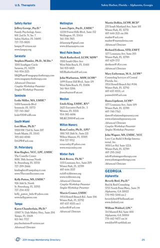 U.S. Therapists Safety Harbor, Florida – Alpharetta, Georgia
2011 Imago Membership Directory 25
Safety Harbor
Jeffrey George, Psy.D.*
Family Psychology Assoc.
801 2nd St. N, Ste. 7
Safety Harbor, FL 34695
727-725-8820
fampsy@verizon.net
www.fampsy.org
Sarasota
Stephen Plumlee, Ph.D., M.Div.*
3205 Southgate Circle
Sarasota, FL 34239
941-954-2125
SRQPlum@imagopsychotherapy.com
www.imagopsychotherapy.com
Advanced Clinician
Couples Workshop Presenter
Singles Workshop Presenter
Seminole
Leslie Miller, MA, LMHC*
5400 Seminole Blvd
Seminole, FL 33772
727-743-1867
leslie930@iolﬂ.com
South Miami
Lori Blum, Ph.D.*
5900 SW 73rd St, Suite 207
South Miami, FL 33143
305-661-6046
DrLPB@aol.com
St. Petersburg
Kim Hughes, NCC, LPC, LMHC
The Costello Center
8081 38th Avenue North
St. Petersburg, FL 33710
727-209-2666
kimhughes@tampabay.rr.com
www.Thecostellocenter.com
Kelly Patton, MS, LMHC*
926 16th St. North
St. Petersburg, FL 33705
727-254-4132
kelly_patton_lmhc@yahoo.com
www.kellypatton.com
Tampa
Karen Chamberlain, Ph.D.*
13907 N. Dale Mabry Hwy., Suite 204
Tampa, FL 33618
813-961-7727
psychsolutions@verizon.net
Advanced Clinician
Wellington
Laura Zipris, Psy.D., LMHC*
12230 Forest Hills Blvd., Suite 152
Wellington, FL 33414
561-558-7815
drlaurazip@gmail.com
www.drlaurazipris.com
West Palm Beach
Mark Rutherford, LCSW, MSW*
1900 South Olive Ave.
West Palm Beach, FL 33401
561-835-6821
MDRutherford@aol.com
John Warburton, MSW, LCSW*
1499 Forest Hill Blvd., Suite 119
West Palm Beach, FL 33406
561-964-5206
jfxwarburton@att.net
Weston
Linda King, LMHC, RN*
2625 Executive Park Dr., 3
Weston, FL 33331
954-385-4696
MLKC2000@aol.com
Wilton Manors
Rena Conley, Ph.D., LPY*
1881 NE 26th St., Suite 221
Wilton Manors, FL 33305
954-727-9712
renaconley@yahoo.com
www.renaconley.com
Winter Park
Rick Brown, Th.M.*
1133 Louisiana Ave., Suite 209
Winter Park, FL 32789
407-644-3537
rick@rickbrown.org
www.rickbrown.org
Advanced Clinician
Couples Workshop Presenter
Singles Workshop Presenter
Marcie Cramer, LMHC
1954 Howell Branch Rd., Suite 106
Winter Park, FL 32792
407-657-8555 ext.1
ischoolfr@aol.com
Advanced Clinician
Martin DeRita, LCSW, BCD*
235 South Maitland Ave, Suite 101
Winter Park, FL 32751
407-644-2121 ext.106
madsw@aol.com
madsw@martinderita.com
Advanced Clinician
Richard Erikson, STD, LMFT
1177 Louisiana Ave, Suite 203
Winter Park, FL 32789
407-629-1717
derikson@cﬂ.rr.com
Advanced Clinician
Mary Lieberman, M.A., LCSW*
Counseling Services of Central
Florida, Inc.
1954 Howell Branch Rd. #106
Winter Park, FL 32792
407-657-8555, x4
painted44@aol.com
Dawn Lipthrott, LCSW*
1177 Louisiana Ave., Suite 109
Winter Park, FL 32789
407-740-7763
dawn@relationshipjourney.com
www.relationshipjourney.com
Advanced Clinician
Couples Workshop Presenter
Singles Workshop Presenter
John Wagner, MS, LMHC, NCC
Love Can Build A Bridge Interna-
tional, Inc.
1850 Lee Rd, Suite 122A
Winter Park, FL 32789
407-295-2442
info@johnwagnertherapy.com
www.johnwagnertherapy.com
Advanced Clinician
GEORGIA
Alpharetta
Beverly Bird, Psy.D.*
Bird & Bird Consulting
5755 North Point Pkwy., Suite 39
Alpharetta, GA 30022
770-992-5100 ext.2
beverlybird@bellsouth.net
www.drsbird.com
William Waldorf, LPC*
314 Maxwell Rd, Suite 400
Alpharetta, GA 30004
770-442-9477 ext.14
wwaldorf@earthlink.net
 