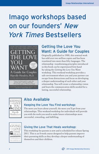 Imago Relationships International
Imago workshops based
on our founders’ New
York Times Bestsellers
Also Available
Keeping the Love You Find workshop:
The more you learn about yourself, the more you’ll get from your
relationships. This weekend workshop for individuals will provide
you with the tools you need to make future relationships more
successful, rewarding, and fulfilling.
Giving the Love That Heals workshop:
This workshop for parents is new and is scheduled for release Spring
2011. This is an 8 week course designed to help parents improve
their parenting skills as they develop a deeper understanding of
themselves and their children.
Getting the Love You
Want: A Guide for Couples
Originally published in 1988, this seminal work
has sold over two million copies and has been
translated into more than fifty languages. The
relationship- transforming principles introduced
in this book can be experienced first-hand
by taking the Getting the Love You Want
workshop. This weekend workshop provides a
safe environment where you and your partner can
escape from distractions and focus on developing
a deeper understanding of each other and your
relationship. You will create a relationship vision
and learn the communication skills needed for a
lasting, successful relationship.
2 2011 Imago Membership Directory
 