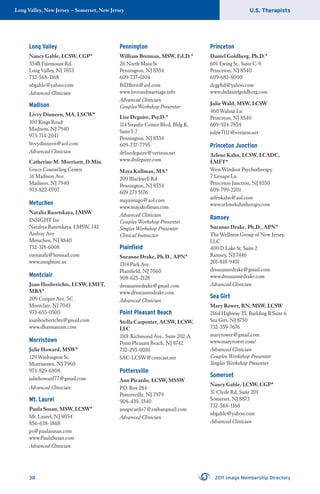U.S. TherapistsLong Valley, New Jersey – Somerset, New Jersey
38 2011 Imago Membership Directory
Long Valley
Nancy Gable, LCSW, CGP*
334B Fairmount Rd.
Long Valley, NJ 7853
732-568-1168
nbgable@yahoo.com
Advanced Clinician
Madison
Livvy Dinneen, MA, LSCW*
100 Kings Road
Madison, NJ 7940
973-714-2041
livvydinneen@aol.com
Advanced Clinician
Catherine M. Morrisett, D.Min.
Grace Counseling Center
16 Madison Ave.
Madison, NJ 7940
973-822-0707
Metuchen
Natalia Rusetskaya, LMSW
INSIGHT Inc
Nataliya Rusetskaya, LMSW, 142
Amboy Ave
Metuchen, NJ 8840
732-318-6008
rusnatala@hotmail.com
www.insightinc.us
Montclair
Joan Hoeberichts, LCSW, LMFT,
MBA*
209 Cooper Ave, 5C
Montclair, NJ 7043
973-655-0500
joanhoeberichts@gmail.com
www.dharmateam.com
Morristown
Julie Howard, MSW*
129 Washington St,
Morristown, NJ 7960
973-829-6808
juliehoward77@gmail.com
Advanced Clinician
Mt. Laurel
Paula Susan, MSW, LCSW*
Mt. Laurel, NJ 8054
856-638-1868
ps@paulasusan.com
www.PaulaSusan.com
Advanced Clinician
Pennington
William Brennan, MSW, Ed.D.*
26 North Main St
Pennington, NJ 8534
609-737-0104
Bil2Bren@aol.com
www.loveandmarriage.info
Advanced Clinician
Couples Workshop Presenter
Lise Deguire, Psy.D.*
114 Straube Center Blvd, Bldg K,
Suite I-7
Pennington, NJ 8534
609-737-7795
drlisedeguire@verizon.net
www.drdeguire.com
Maya Kollman, MA*
209 Blackwell Rd
Pennington, NJ 8534
609 273 5176
mayaimago@aol.com
www.mayakollman.com
Advanced Clinician
Couples Workshop Presenter
Singles Workshop Presenter
Clinical Instructor
Plainﬁeld
Suzanne Drake, Ph.D., APN*
1314 Park Ave.
Plainﬁeld, NJ 7060
908-625-2128
drsuzannedrake@gmail.com
www.drsuzannedrake.com
Advanced Clinician
Point Pleasant Beach
Stella Carpenter, ACSW, LCSW,
LLC
1101 Richmond Ave., Suite 202-A
Point Pleasant Beach, NJ 8742
732-295-0010
SAC-LCSW@comcast.net
Pottersville
Ann Picardo, LCSW, MSSW
P.O. Box 284
Pottersville, NJ 7979
908-439-3340
annpicardo7@embarqmail.com
Advanced Clinician
Princeton
Daniel Goldberg, Ph.D.*
601 Ewing St., Suite C-9
Princeton, NJ 8540
609-683-8000
dcgphd@yahoo.com
www.drdanielgoldberg.com
Julie Wald, MSW, LCSW
460 Walnut Ln
Princeton, NJ 8540
609-924-7854
julrw7111@verizon.net
Princeton Junction
Arlene Kahn, LCSW, LCADC,
LMFT*
West Windsor Psychotherapy
7 Lenape Ln
Princeton Junction, NJ 8550
609-799-2201
arlenkahn@aol.com
www.arlenekahntherapy.com
Ramsey
Suzanne Drake, Ph.D., APN*
The Wellness Group of New Jersey,
LLC
400 D Lake St, Suite 2
Ramsey, NJ 7446
201-818-9401
drsuzannedrake@gmail.com
www.drsuzannedrake.com
Advanced Clinician
Sea Girt
Mary Rower, RN, MSW, LCSW
2164 Highway 35, Building B Suite 6
Sea Girt, NJ 8750
732-359-7676
maryrower@gmail.com
www.maryrower.com/
Advanced Clinician
Couples Workshop Presenter
Singles Workshop Presenter
Somerset
Nancy Gable, LCSW, CGP*
31 Clyde Rd, Suite 201
Somerset, NJ 8873
732-568-1168
nbgable@yahoo.com
Advanced Clinician
 