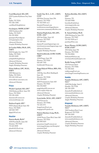 U.S. Therapists Dallas, Texas – Kingwood, Texas
2011 Imago Membership Directory 51
Carol Blanchard, MA, LPC
2997 Lyndon B Johnson Fwy, Suite
219
Dallas, TX 75234
972-484-3398
carolblan@sbcglobal.net
Gay Jurgens, MSSW, LCSW*
3850 Northaven Rd
Dallas, TX 75229
214-352-8262
gayjurgens@prodigy.net
www.gayjurgens.com/
Advanced Clinician
Couples Workshop Presenter
Jo Carolyn Miller, Ph.D., LPC,
LMFT
8222 Douglas Ave, Suite 777
Dallas, TX 75225
214-691-0400
jcdmphd@sbcglobal.net
Advanced Clinician
Couples Workshop Presenter
Singles Workshop Presenter
Elaine Sullivan, LPC, M.Ed.,
LMFT
2929 Marsann Ln.
Dallas, TX 75234
972-243-5333 ext.6
www.sullivan-associates.com
Advanced Clinician
Frisco
Wendy Copeland, MA, LPC*
3550 Parkwood Blvd., Suite 705
Frisco, TX 75034
972-335-2430
shawnwen@verizon.net
www.stonebriarps.com
Darleen Gegich, LPC*
9555 Lebanon Road, Suite 302
Frisco, TX 75035
469-865-9197
dgegich@aol.com
Houston
Patricia Barth, Ph.D.*
4550 Post Oak Pl., Suite 252
Houston, TX 77027
713-621-0038
pbarth1631@aol.com
Advanced Clinician
Sandy Clay, M.A., L.P.C., LMFT,
CCH*
9219 Katy Freeway, Suite 296
Houston, TX 77024
713-464-8501 ext.1
lltsandy@hotmail.com
westhoustoncounselingandassess-
mentcenter.community.ofﬁcelive.com
Damian Duplechain, MA, LPC,
LCDC, AAC*
4212 San Felipe, Suite 143
Houston, TX 77027
713-409-8111
damian@counselingmarriage.com
www.houstoncounselingmarriage.com/
Advanced Clinician
Couples Workshop Presenter
Mark Groblewski, LCSW, NASW,
CIRT*
11550 Fuqua, Suite 310
Houston, TX 77034
832-687-7915
Groblewski7@msn.com
Peggy Halyard-Wilson, BBA, MA,
LPC*
1300 Bay Area Blvd, Building B,
Suite 125
Houston, TX 77058
832-594-8837
2620 Fountainview, Suite 460
Houston, TX 77057
832-594-8837
peggyhalyard@comcast.net
www.couples-help.com
Advanced Clinician
Couples Workshop Presenter
Genie Joslin, M.Ed., LPC, LMFT*
1712 Fairview St
Houston, TX 77006
713-524-1771
ImagoGenie@aol.com
imagogenie@vpweb.com
Patricia Martinez-Long, Ph.D.,
LMFT*
14340 Torrey Chase Blvd, Suite 160
Houston, TX 77014
281-890-0119
prmartinez-long@comcast.net
www.imagotherapy.com/therapists/
pmartinez.html
Advanced Clinician
Couples Workshop Presenter
Barbara Reichlin, MA, LMFT,
LPC*
Houston, TX
713-660-9988
breichlin@swbell.net
www.imagoworks.com
Advanced Clinician
Couples Workshop Presenter
K. Samuel Solway, Ph.D.
3000 Weslayan St, Suite 335
Houston, TX 77027
713-552-9559 ext.3
pssolway@live.com
Karen Thomas, LCSW, LMFT,
LCDC,CSAT*
3701 Kirby, Suite 792
Houston, TX 77098
713-994-8884
knthomas@hal-pc.org
www.karenthomastherapist.com
Roddy Young, LCSW*
1712 Fairview Street
Houston, TX 77006
713-598-0110
roddyyoung@aol.com
www.ImagoCounselingHouston.com
Humble
Saundra Dickinson, LPC, LMFT,
NCC*
10203 Birchridge, Suite G
Humble, TX 77338
281-358-3299
dsaundra@suddenlink.net
www.saundradickinson.com
Advanced Clinician
Couples Workshop Presenter
Singles Workshop Presenter
Kingwood
Saundra Dickinson, LPC, LMFT,
NCC*
1502 Southern Pines Court
Kingwood, TX 77339
281-358-2693
dsaundra@suddenlink.net
www.saundradickinson.com
Advanced Clinician
Couples Workshop Presenter
Singles Workshop Presenter
 