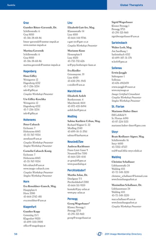 58 2011 Imago Membership Directory
Global TherapistsAustria
Graz
Gunther Bitzer-Gavornik, Dr.
Schillerstraße. 6
Graz 8010
43-316-38-68-86
bitzer-gavornik@institut-impuls.at
www.institut-impuls.at
Martina Gavornik
Schillerstraße. 6
Graz 8010
43-316-38-68-86
martina.gavornik@institut-impuls.at
Hagenberg
Hans Giffey
Weingarten 12
Hagenberg 4232
43-7-236-3234
info@giffey.at
Couples Workshop Presenter
Ute Giffey-Koschka
Weingarten 12
Hagenberg 4232
43-7-236-3234
info@giffey.at
Hohenems
Peter Cubasch
Eichenstr. 7
Hohenems 6845
43-55-767-9334
atemhaus@aon.at
Couples Workshop Presenter
Singles Workshop Presenter
Cornelia Cubasch-Konig
Eichenstr. 7
Hohenems 6845
43-55-767-9334
bib.cubasch@aon.at
www.imago-cubasch.com
Couples Workshop Presenter
Singles Workshop Presenter
Horn
Eva Renoldner-Gansch, Mag.
Hauptplatz 6
Horn 3580
43-664-2742-481
eva.renoldner@aon.at
Klagenfurt
Gunther Kopp
Getreideg 13/1
Klagenfurt 9020
43-699-1110-5900
ofﬁce@imagokopp.at
Linz
Elisabeth Gatt-Iro, Mag.
Klammstraße 14
Linz 4010
43-664-144-9746
e.gatt-iro@gatt-ce.at
Couples Workshop Presenter
Marianne Kunz
Hessenplatz 8
Linz 4020
43-732-732-626
m@psychotherapie-kunz.at
Eva Riedler
Griesmayrstr. 19
Linz 4040
43-650-291-1945
e.riedler@aon.at
Marchtrenk
Elisabeth Ardelt
Beethovenstr. 4
Marchtrenk 4614
43-072-435-8494
ardelt.lisi@gmx.at
Modling
Sabine Kurfürst-Urban, Mag.
Richard Wagner G. 22
Modling 2340
43-699-10-11-3761
sabine@kurfuerst.at
Neusiedl/See
Andreas Rachbauer
Franz-Liszt-Gasse 9
Neusiedl/See 7100
43-664-520-4141
ar-gestalt@gmx.at
www.paardialog.at
Perchtoldsdorf
Martha Aslan, Dr.
Diselgasse 7/1
Perchtoldsdorf 2380
43-664-511-9519
kontakt@psy-aslan.at
www.psy-aslan.at
Pernegg
Georg Wogerbauer*
Klostec Pernegg 1
Pernegg 3753
43-291-321-860
georg@woegerbauer.at
Sigrid Wogerbauer
Kloster Pernegg 1
Pernegg 3753
43-291-321-860
sigridwoegerbauer@aon.at
Sarleinsbach
Walter Leeb, Mag.
Am Suedhang 1
Sarleinsbach 4152
43-699-107-31-178
w.leeb@gmx.at
Sollenau
Erwin Jaeggle
Stiftergasse 1
Sollenau
43-676-4912459
erwin.jaeggle@eunet.at
www.myimago.at
Imago Certiﬁed Consultant
Couples Workshop Presenter
Singles Workshop Presenter
St. Florian
Marianne Huber-Ilmer
IM Loblfeld 9
St. Florian 4490
43-07-224-5133
marianne.huber-ilmer@gmx.com
Steyr
Beate Rodlauer-Aigner, Mag.
Schillerstraße 16
Steyr 4400
43-7252-47127
rod@mail.hbla-steyr.eduhi.at
Walding
Christine Schallauer
Lifehausstraße 24
Walding 4111
43-72-348-3220
christine_schallauer@hotmail.com
www.beziehungsarbeit.at
Maximilian Schallauer, Dr.
Lifehausstrasse 24
Walding 4111
43-72-348-3220
max.schallauer@aon.at
www.beziehungsarbeit.at
Couples Workshop Presenter
 
