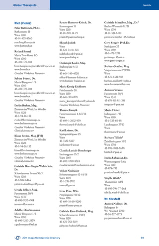 Global Therapists
2011 Imago Membership Directory 59
Austria
Wien (Vienna)
Peter Battistich, Ph.D.
Rathastrasse 11
Wien 1010
43-01-403-8360
coaching@aso.co.at
www.battistich.at
Roland Boesel
Maria Treu-Gasse 1/5
Wien 1080
43-402-170-010
beziehungsweisegluecklich@boesels.at
www.boesels.at
Couples Workshop Presenter
Sabine Boesel, Dr.
Maria-Treugasse 1/5
Wien 1080
43-402-170-010
beziehungsweisegluecklich@boesels.at
www.boesels.at
Couples Workshop Presenter
Evelin Brehm, Mag.
Zentrum im Werd, Im Werd 6
Wien 1020
43-1-94-261-52
evelin@brehmsimago.eu
www.brehmsimago.eu
Couples Workshop Presenter
Clinical Instructor
Klaus Brehm, Mag. (FH)
Zentrum im Werd, Im Werd 6
Wien 1020
43-1-94-261-52
klaus@brehmsimago.eu
www.brehmsimago.eu
Couples Workshop Presenter
Clinical Instructor
Gabriele Doerﬂinger-Wohlschak,
Dr.
Schonbrunner Strasse 99/3
Wien 1050
43-1-802-6465
gabriele.doerﬂinger@gmx.at
Ursula Fellner, Mag.
Favoritenstr. 70/9
Wien 1040
43-699-1120-4914
seestern@utanet.at
Adalbert Gschosmann
Maria-Treugasse 1/5
Wien 1080
43-699-1263-2979
a.gschosmann@tz8.at
Renate Hutterer-Krisch, Dr.
Kantnergasse 51
Wien 1210
43-01-290-14-79
praxis@paarcoaching.at
Skocek Judith
Wien
43-676-73-87-515
judith.skocek@gmx.at
www.paardialog.at
Christoph Koder, Mag.
Brahmsplatz 4/13
Wien
43-664-140-4020
ofﬁce@humane-balance.at
www.humane-balance.at
Maria Konig-Eichhorn
Friedenszeile 50
Wien 1130
43-664-311-6278
maria_koenigeichhorn@yahoo.de
Couples Workshop Presenter
Therese Kunyik
Favoritenstrasse 4-6/2/14
Wien
43-699-1-2632-959
therese.kunyik@chello.at
Karl Leitner, Dr.
Springsiedelgasse 25
Wien
43-1320-5627
karlleitner@aon.at
Claudia Luciak-Donsberger
Satzberggasse 15/2
Wien 1140
43-699-1200-8324
claudia.luciak@meduniwien.ac.at
Volker Neubauer
Siebensterngasse 42-44/18
Wien 1070
43-1-231-1792
voneu@gmx.at
Irene Penz, MSc.
Preysinggasse 48/12
Wien 1150
43-699-10-60-9200
praxis@irene-penz.at
Gabriele Rass-Hubinek, Mag.
Schoenbrunnerstr. 238/1
Wien 1120
43-676-782-5119
gaby.rass-hubinek@gmx.at
Gabriele Schreiber, Mag., Dr.*
Rechte Wienzeile 81/21
Wien 1050
43-01-581-8-00
gabrieleschreiber1@chello.at
Gerti Senger, Prof. Dr.
Strehlgasse 32
Wien 1190
43-1-479-1238
gertisenger@aon.at
www.gerti-senger.at
Barbara Stadler, Mag.
Vorgartenstrasse 193/20
Wien
43-676-4332-505
barbara.stadler@chello.at
www.barnarastadler.com
Antonio Strauss
Favoritenstr. 70/9
Wien 1040
43-676-811-811-391
imago.as@gmx.net
Maria Thaler
Judengasse 1/19
Wien 1010
43-1-535-68-88
Laudongasse 37/10
Wien
thalermaria@aon.at
Barbara Tillich*
Zeinlhofergasse 10/2
Wien 1050
43-699-1051-8688
b.tillich@gmx.at
Evelin Urbanski, Dr.
Wattmanngasse 3/6a
Wien 1130
43-8794733
praxis.urbanski@gmx.at
Sibylle Wirth*
Thaliastrase 113/1
Wien
43-699-794-77-564
sibylle.wirth@chello.at
Wr. Neustadt
Andrea Nollner, Dr.
Bahngasse 44
Wr. Neustadt 2700
43-26-227-6273
psypraxisnoellner@aon.at
 