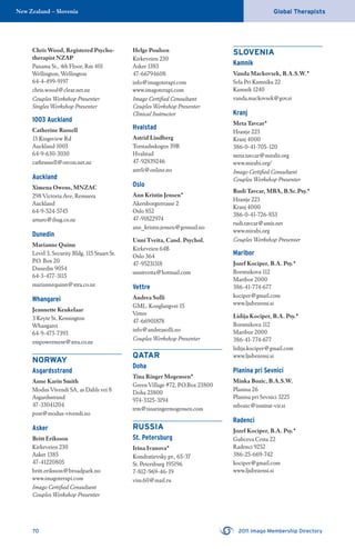 70 2011 Imago Membership Directory
Global TherapistsNew Zealand – Slovenia
Chris Wood, Registered Psycho-
therapist NZAP
Panama St., 4th Floor, Rm 401
Wellington, Wellington
64-4-499-9197
chris.wood@clear.net.nz
Couples Workshop Presenter
Singles Workshop Presenter
1003 Auckland
Catherine Russell
13 Kingsview Rd
Auckland 1003
64-9-630-3030
cathrussell@orcon.net.nz
Auckland
Ximena Owens, MNZAC
298 Victoria Ave, Remuera
Auckland
64-9-524-5745
arturo@ihug.co.nz
Dunedin
Marianne Quinn
Level 3, Security Bldg, 115 Stuart St.
P.O. Box 20
Dunedin 9054
64-3-477-3115
mariannequinn@xtra.co.nz
Whangarei
Jeannette Keukelaar
3 Keyte St, Kensington
Whangarei
64-9-473-7393
empowerment@xtra.co.nz
NORWAY
Asgardsstrand
Anne Karin Smith
Modus Vivendi SA, as Dahls vei 8
Asgardsstrand
47-33041204
post@modus-vivendi.no
Asker
Britt Eriksson
Kirkeveien 230
Asker 1385
47-41220805
britt.eriksson@broadpark.no
www.imagoterapi.com
Imago Certiﬁed Consultant
Couples Workshop Presenter
Helge Poulsen
Kirkeveien 230
Asker 1383
47-66794608
info@imagoterapi.com
www.imagoterapi.com
Imago Certiﬁed Consultant
Couples Workshop Presenter
Clinical Instructor
Hvalstad
Astrid Lindberg
Torstadsskogen 39B
Hvalstad
47-92839246
astrli@online.no
Oslo
Ann Kristin Jensen*
Akersborgterrasse 2
Oslo 852
47-91822974
ann_kristin.jensen@getmail.no
Unni Tveita, Cand. Psychol.
Kirkeveien 64B
Oslo 364
47-95231318
unnitveita@hotmail.com
Vettre
Andrea Solli
GML. Konglungvei 15
Vettre
47-66901878
info@andreasolli.no
Couples Workshop Presenter
QATAR
Doha
Tina Ringer Mogensen*
Green Village #72, P.O.Box 23800
Doha 23800
974-3325-3194
trm@tinaringermogensen.com
RUSSIA
St. Petersburg
Irina Ivanova*
Kondratievsky pr., 65-37
St. Petersburg 195196
7-812-969-46-19
vim.60@mail.ru
SLOVENIA
Kamnik
Vanda Mackovsek, B.A.S.W.*
Sela Pri Kamniku 22
Kamnik 1240
vanda.mackovsek@gov.si
Kranj
Meta Tavcar*
Hrastje 223
Kranj 4000
386-0-41-705-120
meta.tavcar@mirabi.org
www.mirabi.org/
Imago Certiﬁed Consultant
Couples Workshop Presenter
Rudi Tavcar, MBA, B.Sc.Psy.*
Hrastje 223
Kranj 4000
386-0-41-726-853
rudi.tavcar@amis.net
www.mirabi.org
Couples Workshop Presenter
Maribor
Jozef Kociper, B.A. Psy.*
Borstnikova 112
Maribor 2000
386-41-774-677
kociper@gmail.com
www.ljubezensi.si
Lidija Kociper, B.A. Psy.*
Borstnikova 112
Maribor 2000
386-41-774-677
lidija.kociper@gmail.com
www.ljubezensi.si
Planina pri Sevnici
Minka Bozic, B.A.S.W.
Planina 26
Planina pri Sevnici 3225
mbozic@institut-vir.si
Radenci
Jozef Kociper, B.A. Psy.*
Gubceva Cesta 22
Radenci 9252
386-25-669-742
kociper@gmail.com
www.ljubezensi.si
 