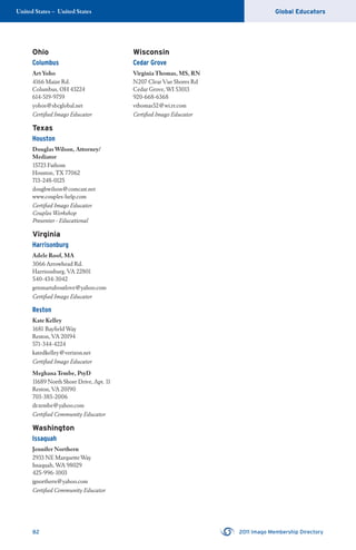 United States – United States Global Educators
82 2011 Imago Membership Directory
Ohio
Columbus
Art Yoho
4166 Maize Rd.
Columbus, OH 43224
614-519-9759
yohos@sbcglobal.net
Certiﬁed Imago Educator
Texas
Houston
Douglas Wilson, Attorney/
Mediator
15723 Fathom
Houston, TX 77062
713-248-0125
dougbwilson@comcast.net
www.couples-help.com
Certiﬁed Imago Educator
Couples Workshop
Presenter - Educational
Virginia
Harrisonburg
Adele Roof, MA
3066 Arrowhead Rd.
Harrisonburg, VA 22801
540-434-3042
getsmartaboutlove@yahoo.com
Certiﬁed Imago Educator
Reston
Kate Kelley
1681 Bayﬁeld Way
Reston, VA 20194
571-344-4224
katedkelley@verizon.net
Certiﬁed Imago Educator
Meghana Tembe, PsyD
11689 North Shore Drive, Apt. 11
Reston, VA 20190
703-385-2006
dr.tembe@yahoo.com
Certiﬁed Community Educator
Washington
Issaquah
Jennifer Northern
2933 NE Marquette Way
Issaquah, WA 98029
425-996-1003
jgnorthern@yahoo.com
Certiﬁed Community Educator
Wisconsin
Cedar Grove
Virginia Thomas, MS, RN
N207 Clear Vue Shores Rd
Cedar Grove, WI 53013
920-668-6368
vthomas52@wi.rr.com
Certiﬁed Imago Educator
 