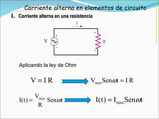 Corriente alterna en elementos de circuito I.   Corriente alterna en una resistencia Aplicando la ley de Ohm V 