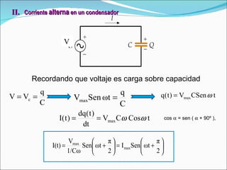 II.   Corriente  alterna  en un condensador Recordando que voltaje es carga sobre capacidad cos    = sen (    + 90º ),   V 