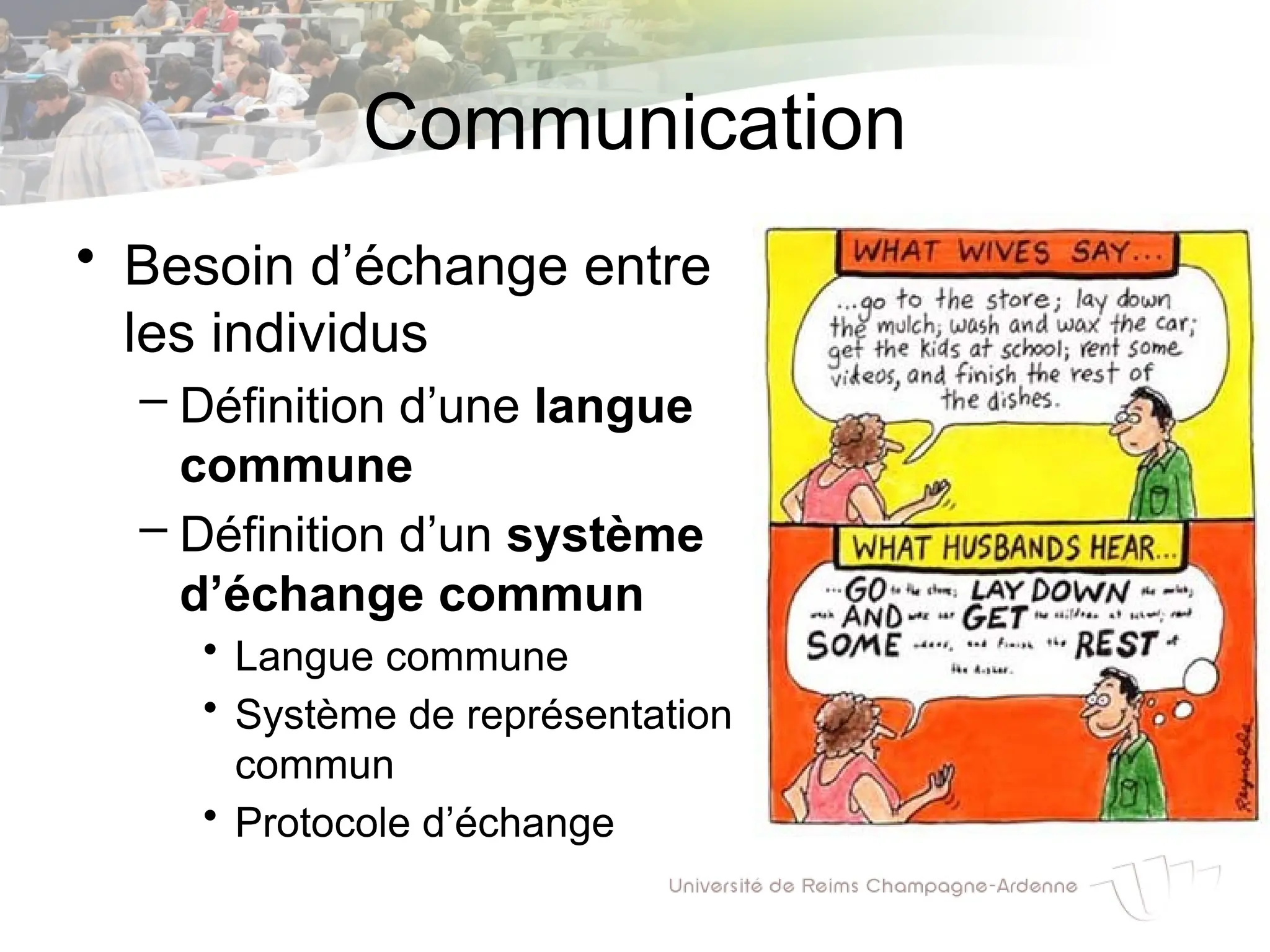 Communication
• Besoin d’échange entre
les individus
– Définition d’une langue
commune
– Définition d’un système
d’échange commun
• Langue commune
• Système de représentation
commun
• Protocole d’échange
 