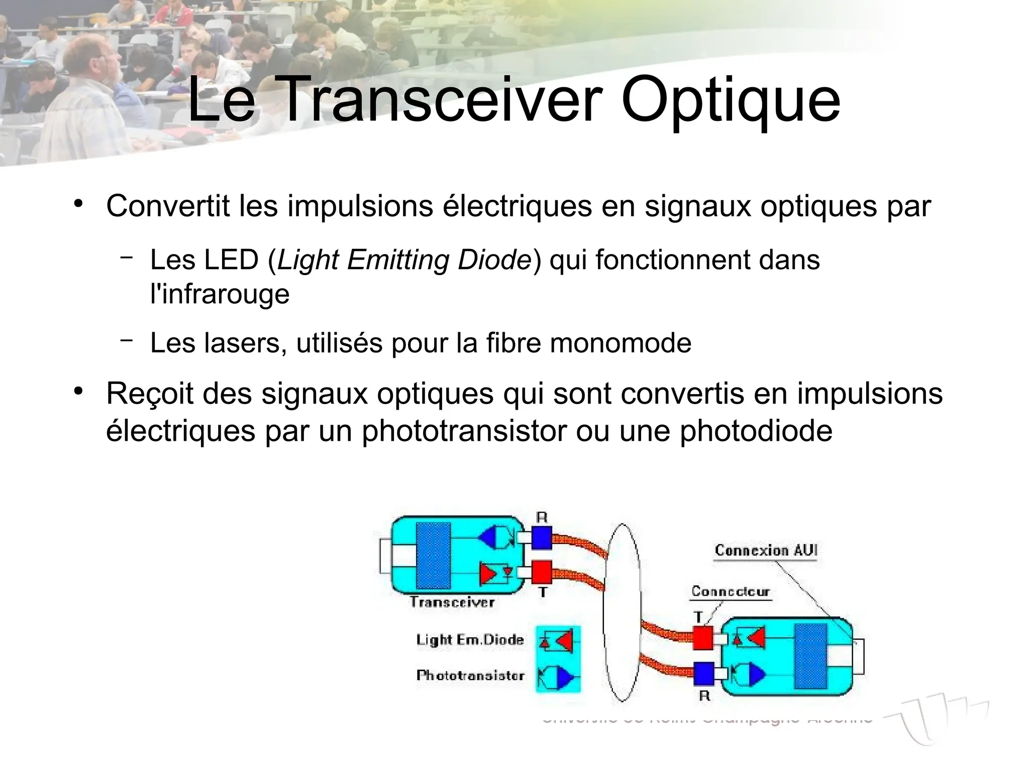 Le Transceiver Optique
●
Convertit les impulsions électriques en signaux optiques par
– Les LED (Light Emitting Diode) qui fonctionnent dans
l'infrarouge
– Les lasers, utilisés pour la fibre monomode
●
Reçoit des signaux optiques qui sont convertis en impulsions
électriques par un phototransistor ou une photodiode
 