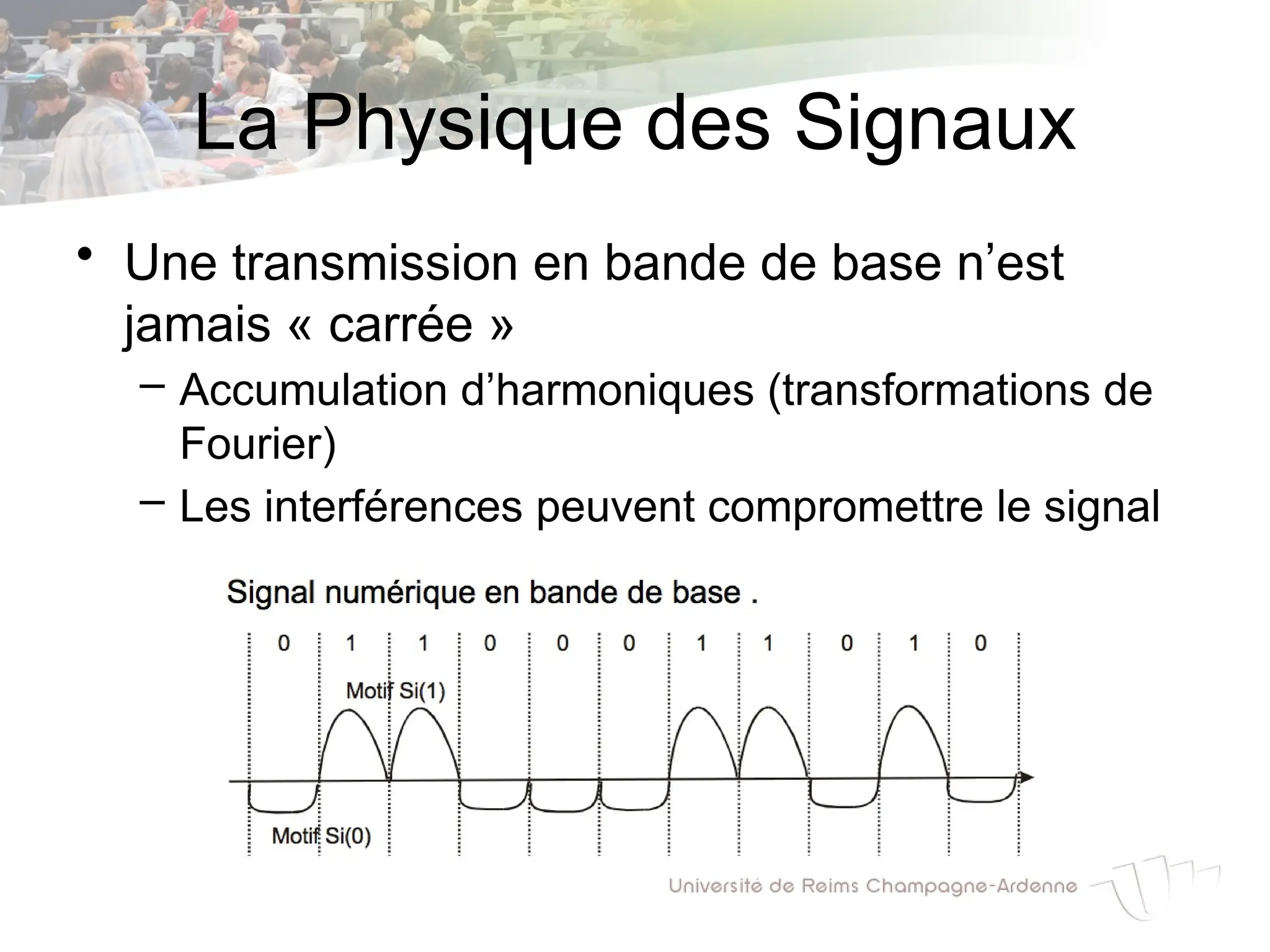La Physique des Signaux
• Une transmission en bande de base n’est
jamais « carrée »
– Accumulation d’harmoniques (transformations de
Fourier)
– Les interférences peuvent compromettre le signal
 