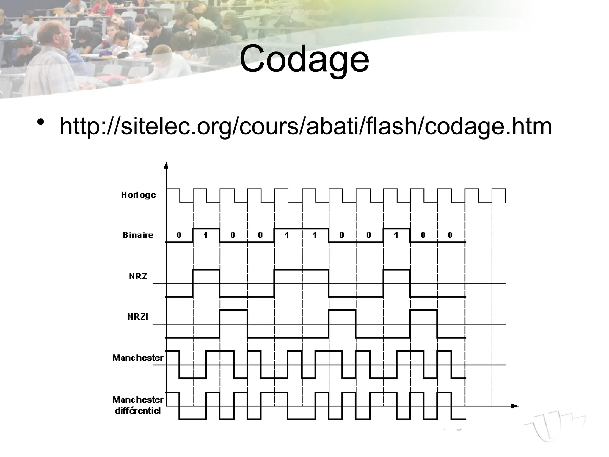 Codage
• http://sitelec.org/cours/abati/flash/codage.htm
 