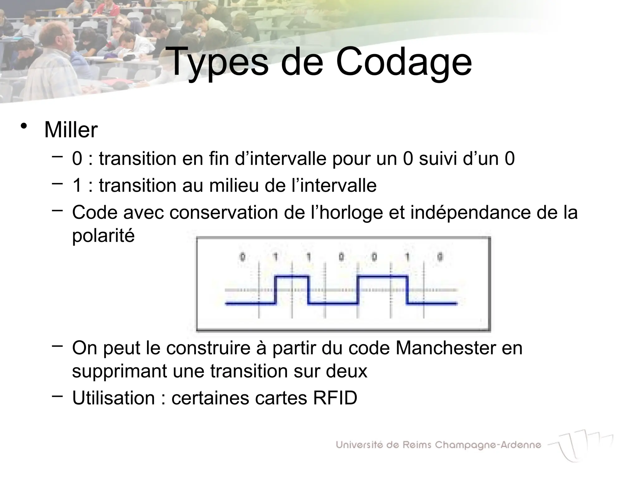 Types de Codage
• Miller
– 0 : transition en fin d’intervalle pour un 0 suivi d’un 0
– 1 : transition au milieu de l’intervalle
– Code avec conservation de l’horloge et indépendance de la
polarité
– On peut le construire à partir du code Manchester en
supprimant une transition sur deux
– Utilisation : certaines cartes RFID
 
