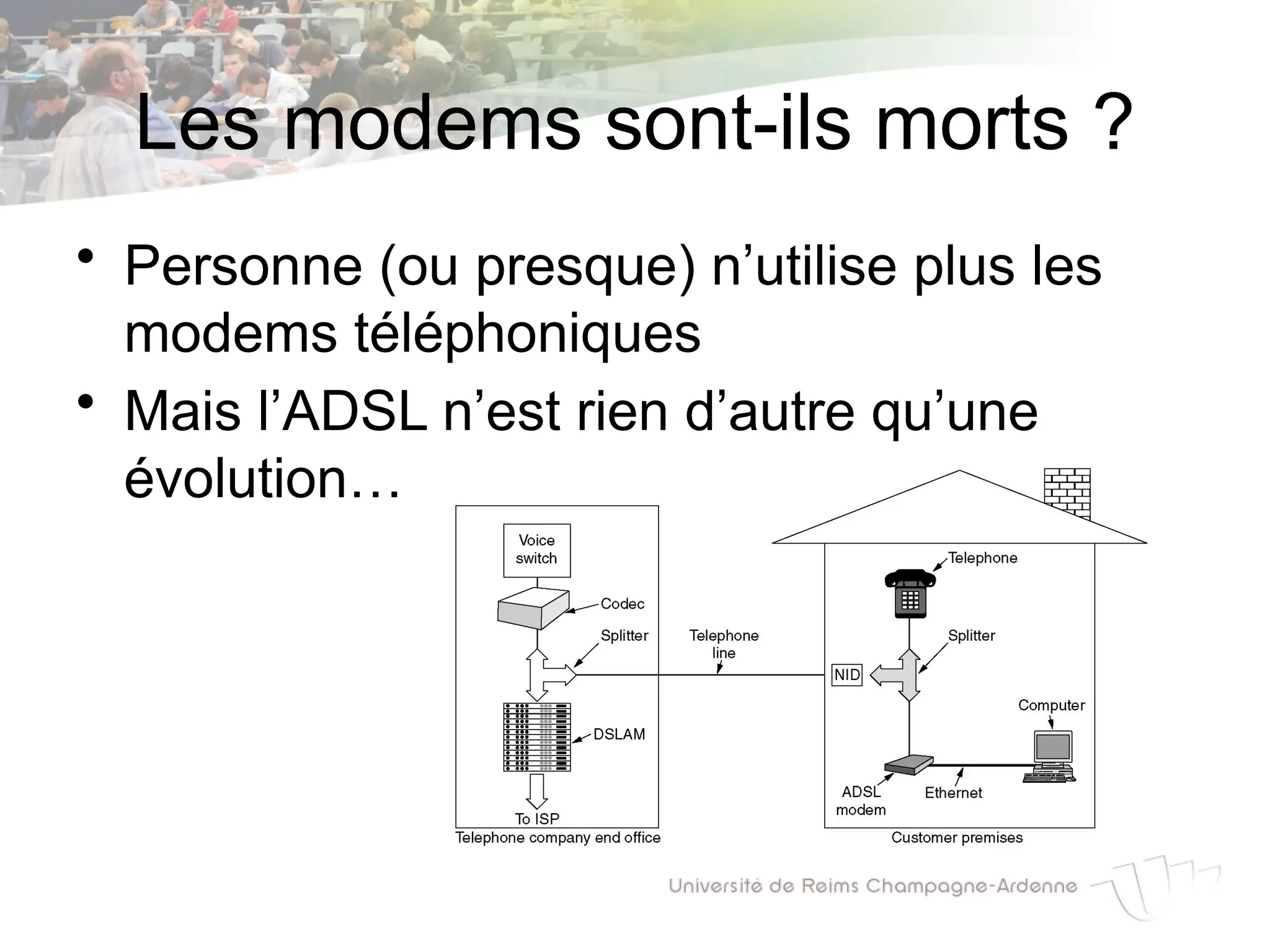 Les modems sont-ils morts ?
• Personne (ou presque) n’utilise plus les
modems téléphoniques
• Mais l’ADSL n’est rien d’autre qu’une
évolution…
 