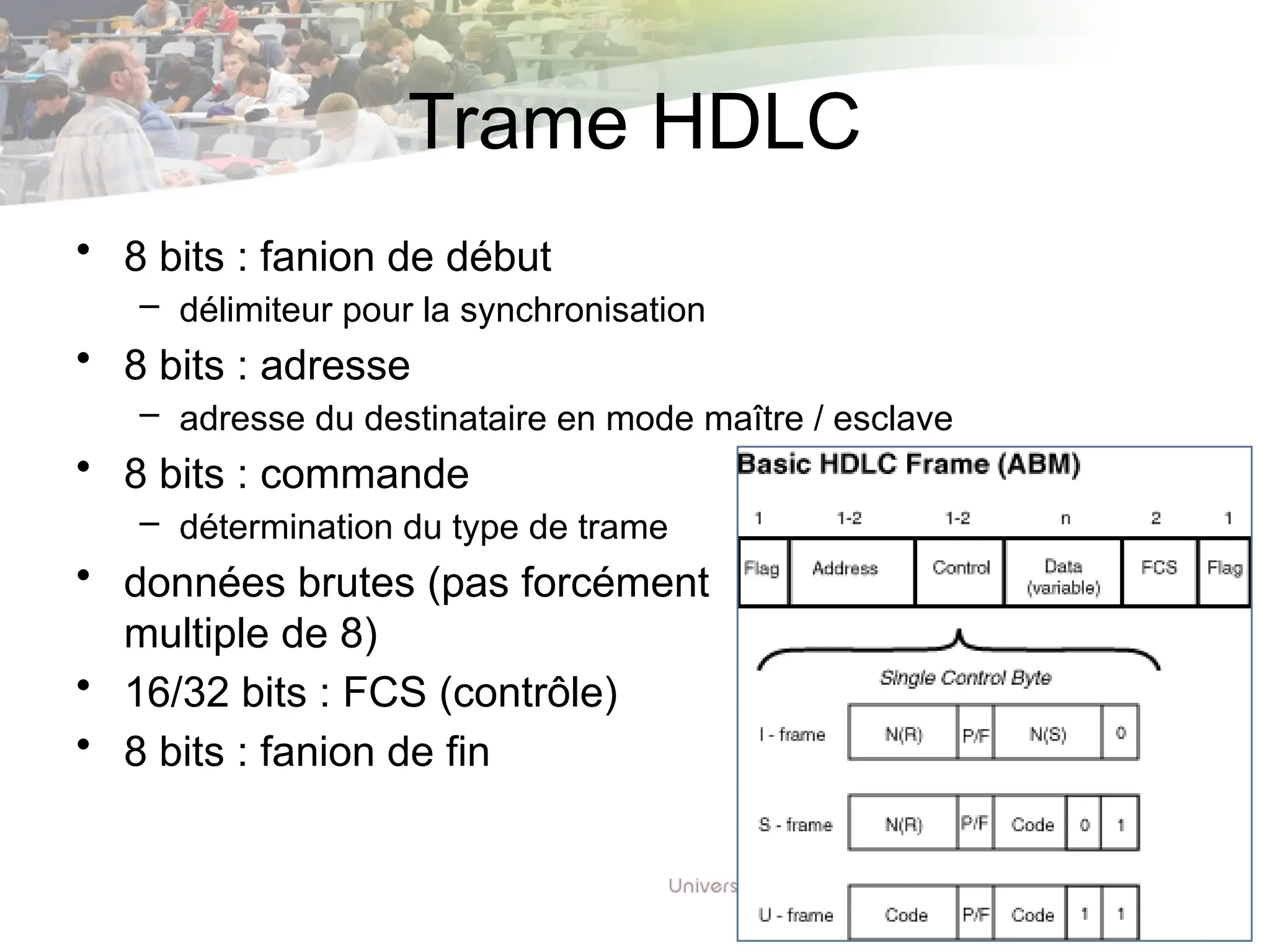 Trame HDLC
• 8 bits : fanion de début
– délimiteur pour la synchronisation
• 8 bits : adresse
– adresse du destinataire en mode maître / esclave
• 8 bits : commande
– détermination du type de trame
• données brutes (pas forcément
multiple de 8)
• 16/32 bits : FCS (contrôle)
• 8 bits : fanion de fin
 