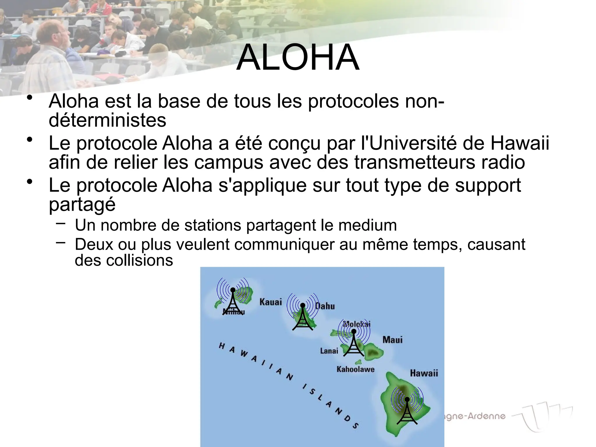 ALOHA
• Aloha est la base de tous les protocoles non-
déterministes
• Le protocole Aloha a été conçu par l'Université de Hawaii
afin de relier les campus avec des transmetteurs radio
• Le protocole Aloha s'applique sur tout type de support
partagé
– Un nombre de stations partagent le medium
– Deux ou plus veulent communiquer au même temps, causant
des collisions
 