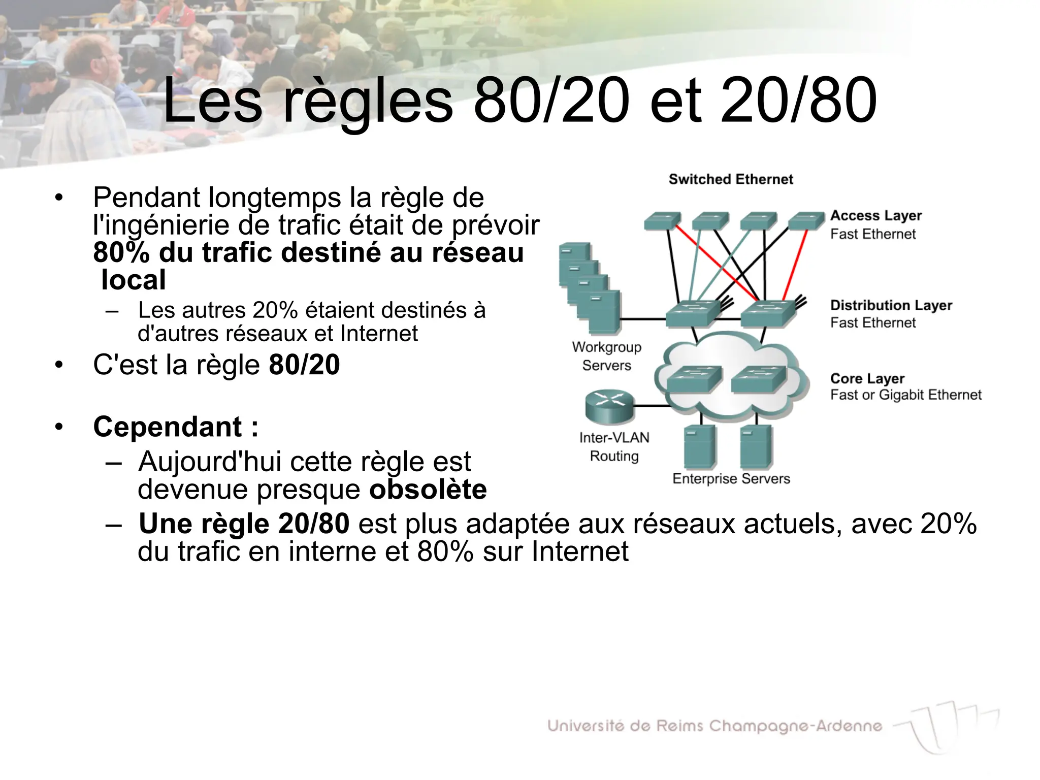 Les règles 80/20 et 20/80
• Pendant longtemps la règle de
l'ingénierie de trafic était de prévoir
80% du trafic destiné au réseau
local
– Les autres 20% étaient destinés à
d'autres réseaux et Internet
• C'est la règle 80/20
• Cependant :
– Aujourd'hui cette règle est
devenue presque obsolète
– Une règle 20/80 est plus adaptée aux réseaux actuels, avec 20%
du trafic en interne et 80% sur Internet
 