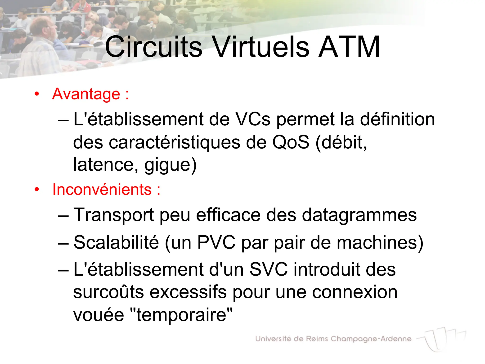 Circuits Virtuels ATM
• Avantage :
– L'établissement de VCs permet la définition
des caractéristiques de QoS (débit,
latence, gigue)
• Inconvénients :
– Transport peu efficace des datagrammes
– Scalabilité (un PVC par pair de machines)
– L'établissement d'un SVC introduit des
surcoûts excessifs pour une connexion
vouée "temporaire"
 