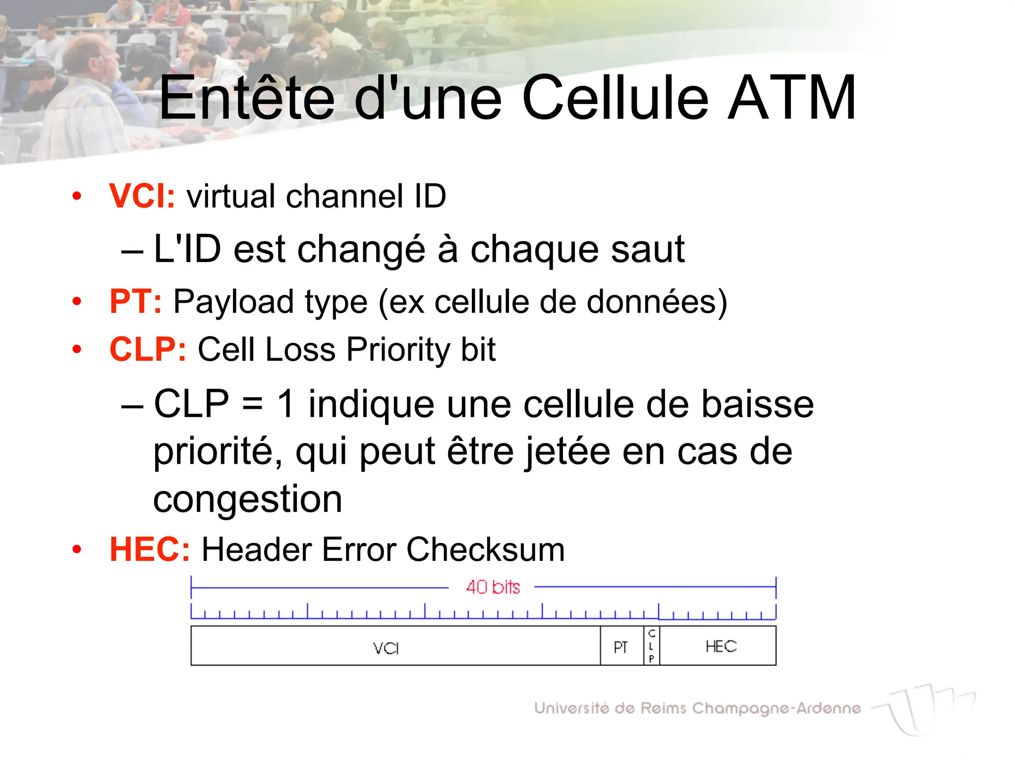 Entête d'une Cellule ATM
• VCI: virtual channel ID
– L'ID est changé à chaque saut
• PT: Payload type (ex cellule de données)
• CLP: Cell Loss Priority bit
– CLP = 1 indique une cellule de baisse
priorité, qui peut être jetée en cas de
congestion
• HEC: Header Error Checksum
 
