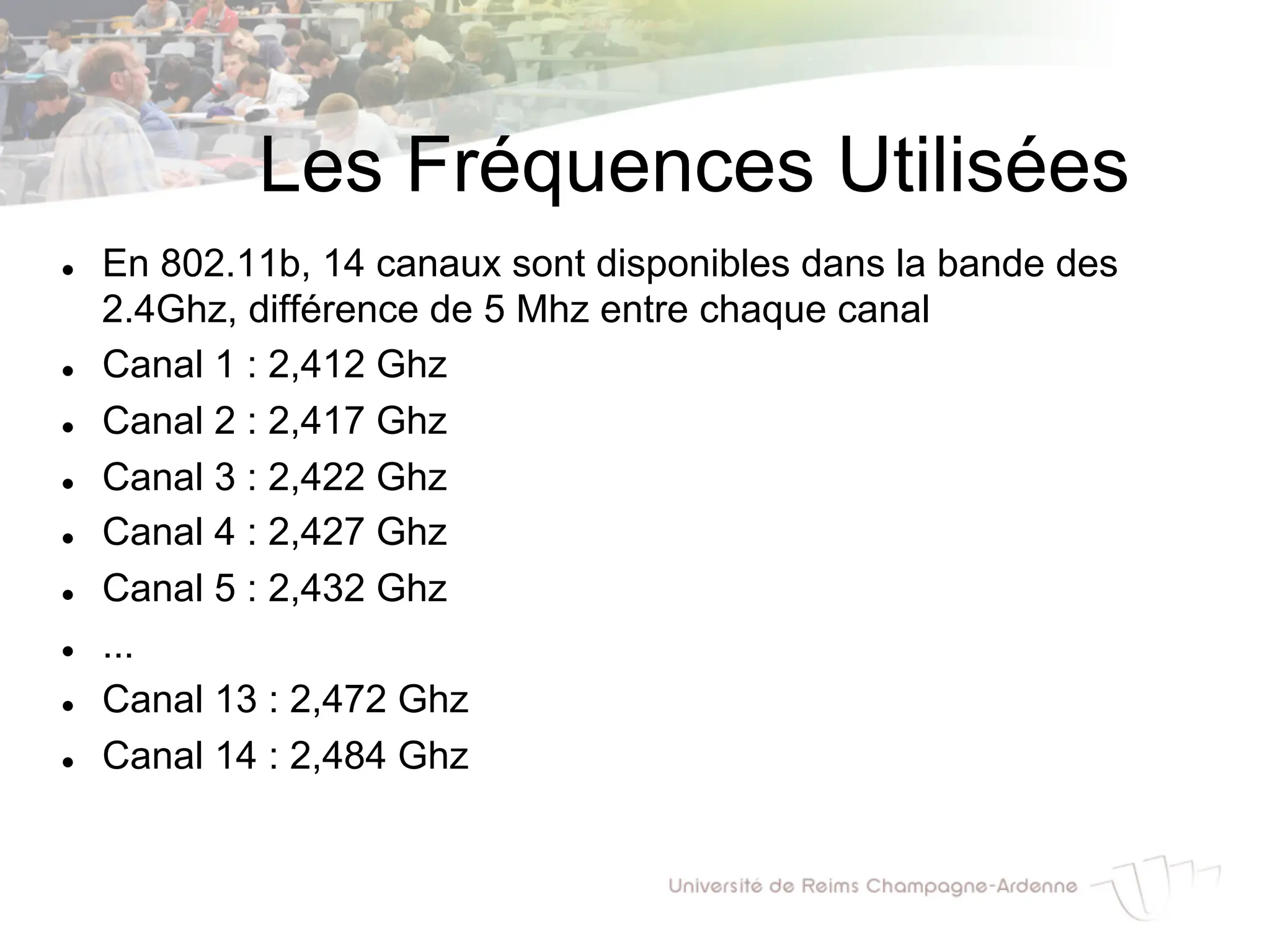 Les Fréquences Utilisées
l En 802.11b, 14 canaux sont disponibles dans la bande des
2.4Ghz, différence de 5 Mhz entre chaque canal
l Canal 1 : 2,412 Ghz
l Canal 2 : 2,417 Ghz
l Canal 3 : 2,422 Ghz
l Canal 4 : 2,427 Ghz
l Canal 5 : 2,432 Ghz
l ...
l Canal 13 : 2,472 Ghz
l Canal 14 : 2,484 Ghz
 