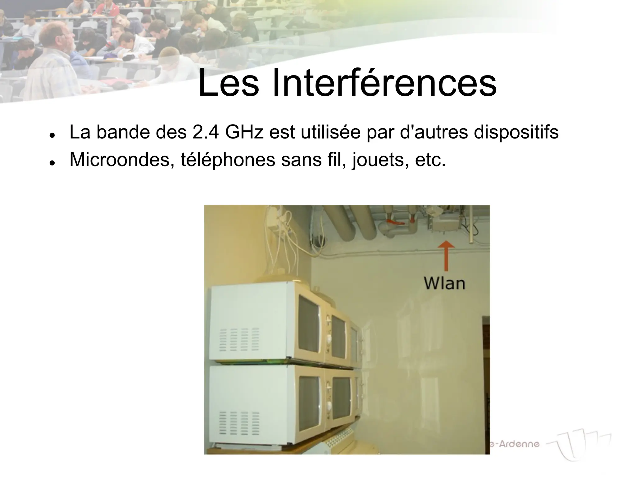 Les Interférences
l La bande des 2.4 GHz est utilisée par d'autres dispositifs
l Microondes, téléphones sans fil, jouets, etc.
 