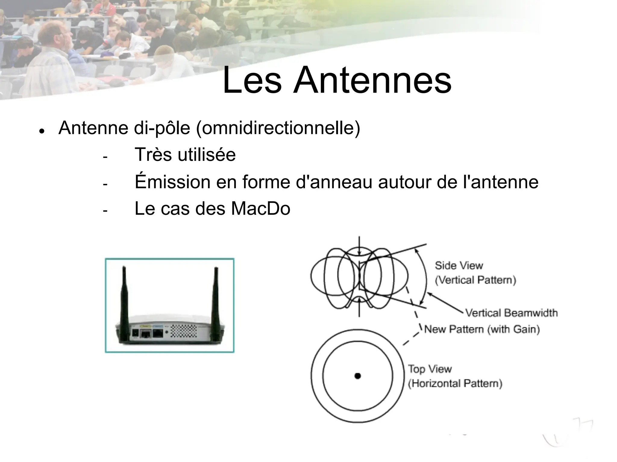 Les Antennes
l Antenne di-pôle (omnidirectionnelle)
- Très utilisée
- Émission en forme d'anneau autour de l'antenne
- Le cas des MacDo
 