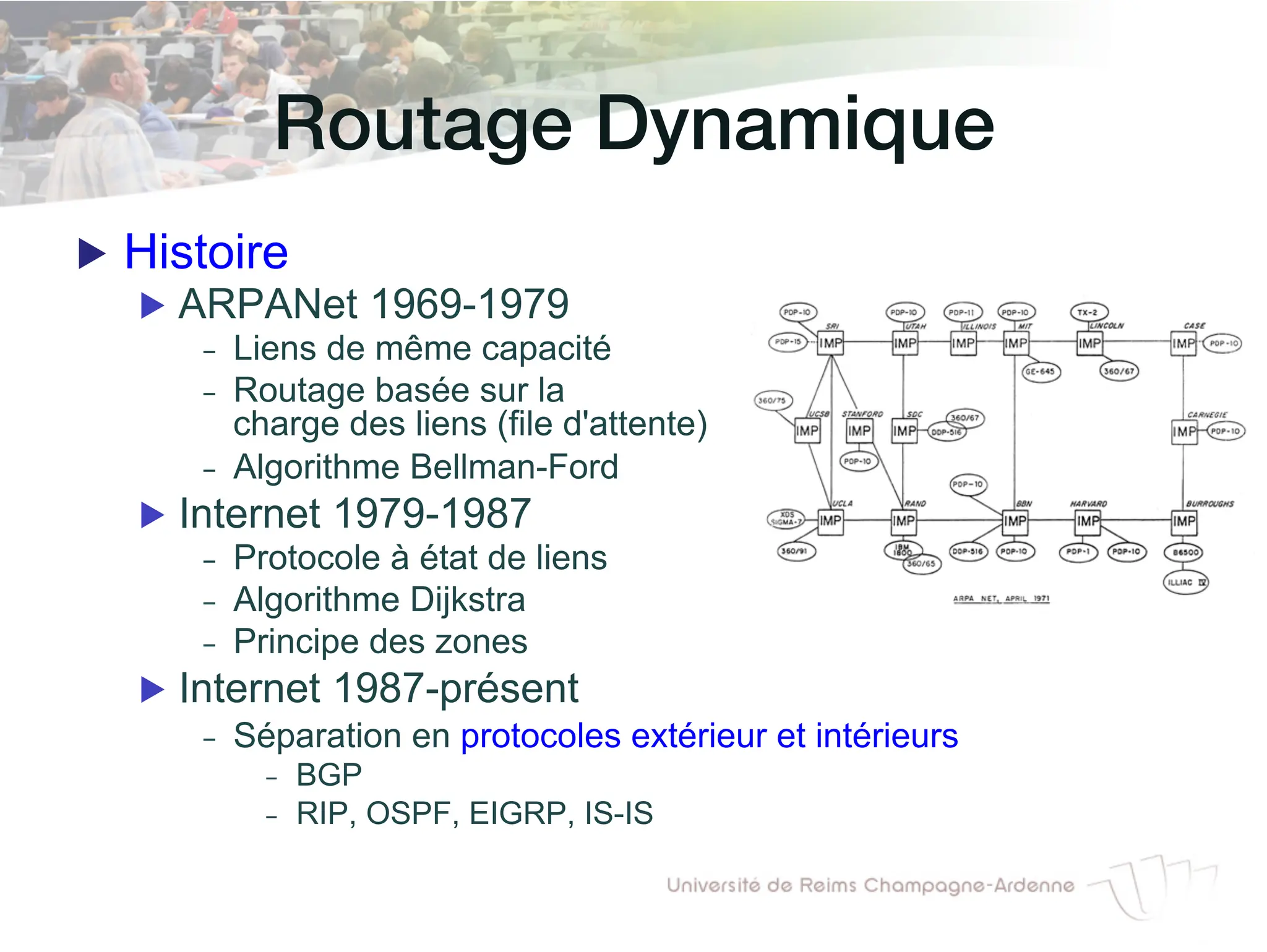 Routage Dynamique!
▶ Histoire
▶ ARPANet 1969-1979
- Liens de même capacité
- Routage basée sur la
charge des liens (file d'attente)
- Algorithme Bellman-Ford
▶ Internet 1979-1987
- Protocole à état de liens
- Algorithme Dijkstra
- Principe des zones
▶ Internet 1987-présent
- Séparation en protocoles extérieur et intérieurs
- BGP
- RIP, OSPF, EIGRP, IS-IS
 
