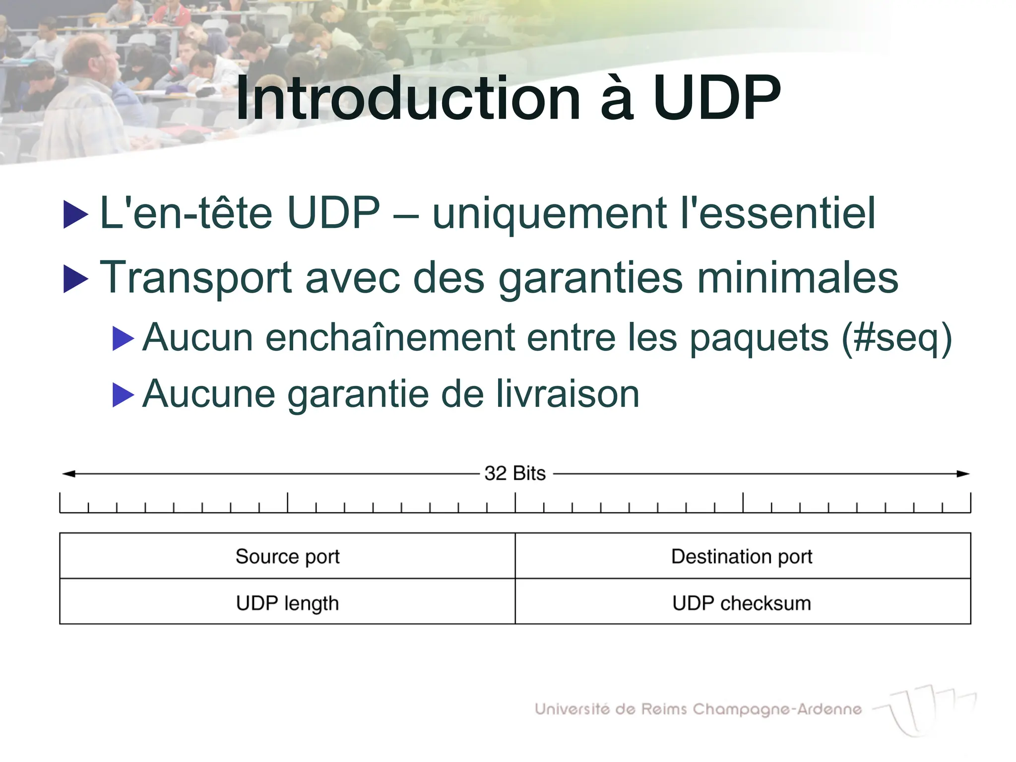 Introduction à UDP!
▶ L'en-tête UDP – uniquement l'essentiel
▶ Transport avec des garanties minimales
▶ Aucun enchaînement entre les paquets (#seq)
▶ Aucune garantie de livraison
 