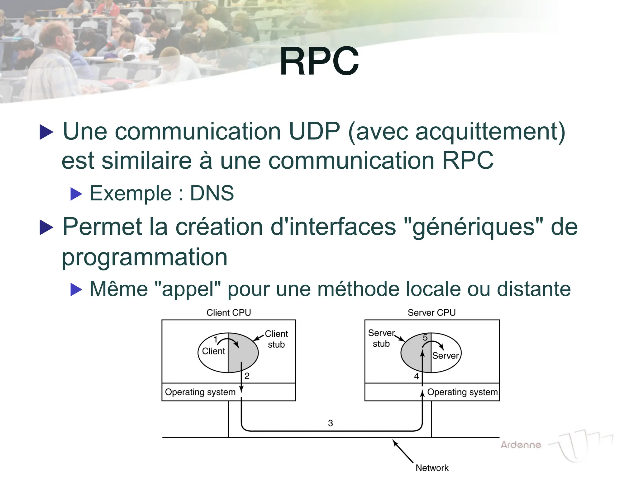 RPC!
▶ Une communication UDP (avec acquittement)
est similaire à une communication RPC
▶ Exemple : DNS
▶ Permet la création d'interfaces "génériques" de
programmation
▶ Même "appel" pour une méthode locale ou distante
 