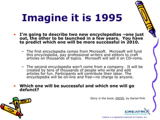 No one ‘envisioned search-engine optimizers or web designers or executive coaches or nano technologists… When we’re cabined in the present, we suffer from a certain poverty of imagination.  We massively underestimate the human ingenuity and resilience.  The future will bring industries we can’t imagine and jobs which we lack the vocabulary to describe. Daniel Pink as interviewed by Geoffrey Colvin,  CNN Money .com  What I’m actually saying is that when the world is flat, the biggest competition is between you and your imagination. Thomas Friedman