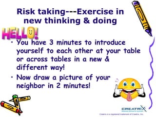 Risk taking---Exercise in new thinking & doingYou have 3 minutes to introduce yourself to each other at your table or across tables in a new & different way! Now draw a picture of your neighbor in 2 minutes!