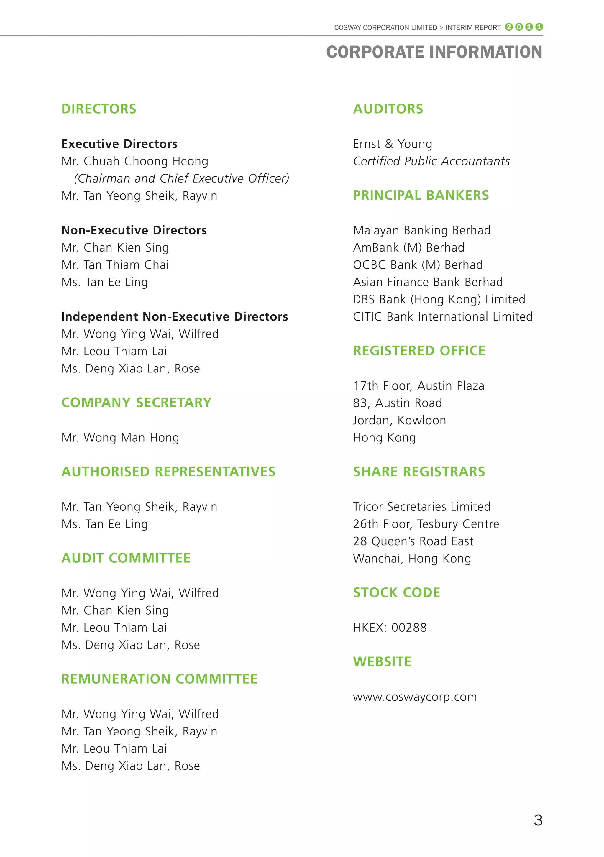 COSWAY CORPORATION LIMITED > INTERIM REPORT 2 0 1 1


                                           CoRpoRATE InfoRmATIon


directOrS                                      AuditOrS

executive directors                            Ernst & Young
Mr. Chuah Choong Heong                         Certified Public Accountants
  (Chairman and Chief Executive Officer)
Mr. Tan Yeong Sheik, Rayvin                    principAl bAnKerS

non-executive directors                        Malayan Banking Berhad
Mr. Chan Kien Sing                             AmBank (M) Berhad
Mr. Tan Thiam Chai                             OCBC Bank (M) Berhad
Ms. Tan Ee Ling                                Asian Finance Bank Berhad
                                               DBS Bank (Hong Kong) Limited
independent non-executive directors            CITIC Bank International Limited
Mr. Wong Ying Wai, Wilfred
Mr. Leou Thiam Lai                             reGiStered Office
Ms. Deng Xiao Lan, Rose
                                               17th Floor, Austin Plaza
cOmpAny SecretAry                              83, Austin Road
                                               Jordan, Kowloon
Mr. Wong Man Hong                              Hong Kong

AutHOriSed repreSentAtiveS                     SHAre reGiStrArS

Mr. Tan Yeong Sheik, Rayvin                    Tricor Secretaries Limited
Ms. Tan Ee Ling                                26th Floor, Tesbury Centre
                                               28 Queen’s Road East
Audit cOmmittee                                Wanchai, Hong Kong

Mr. Wong Ying Wai, Wilfred                     StOcK cOde
Mr. Chan Kien Sing
Mr. Leou Thiam Lai                             HKEX: 00288
Ms. Deng Xiao Lan, Rose
                                               WebSite
remunerAtiOn cOmmittee
                                               www.coswaycorp.com
Mr. Wong Ying Wai, Wilfred
Mr. Tan Yeong Sheik, Rayvin
Mr. Leou Thiam Lai
Ms. Deng Xiao Lan, Rose



                                                                                            3
 