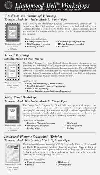 Lindamood-BellmoreWorkshops
            Visit www.LindamoodBell.com for
                                            ®
                                              workshop details.

Visualizing and Verbalizing® Workshop
Thursday, March 10 - Friday, March 11, 9am-4:45pm
                     The Visualizing and Verbalizing for Language Comprehension and Thinking® (V/V®)
                     Program, by Nanci Bell, develops concept imagery for both oral and written
                     language. Through a series of steps, students learn to create an imaged gestalt
                     and integrate that imagery with language as a basis for language comprehension
                     and thinking.

                       Learn Steps to Develop:
                       • Reading comprehension              • Oral language comprehension
Workshop fee: $639     • Oral language expression           • Written language expression
 Includes manual,      • Following directions               • Vocabulary
   a $60 value


Talkies® Workshop
Saturday, March 12, 9am-4:45pm
                     The Talkies® Program by Nanci Bell and Christy Bonetti, is the primer to the
                     Visualizing and Verbalizing® (V/V®) program for students who need simpler, smaller
                     steps of instruction to establish the imagery-language connection. The goal of Talkies®
                     instruction is to develop mental imagery as a base for language comprehension and
                     expression. Talkies® instruction may benefit students with prior third-party diagnoses
                     of expressive language delays or autism spectrum disorders.

                     Learn Steps to:
Workshop fee: $439     • Bring nonverbal imagery to consciousness
 Includes manual,      • Establish the imagery-language connection
   a $55 value         • Increase oral vocabulary
                       • Improve language comprehension and expression

Seeing Stars® Workshop
Thursday, March 10 - Friday, March 11, 9am-4:45pm
                     The Seeing Stars® Program, by Nanci Bell, develops symbol imagery: the
                     ability to visualize sounds and letters in words for both phonological and
                     orthographic processing. Students move through a series of steps—from single
                     consonants/vowels to multisyllabic and contextual reading—to develop the
                     imagery-language connection for competency in written language.

                   Learn Steps to Develop:
                     • Phonics / Phoneme Awareness                    • Word attack
Workshop fee: $639   • Orthographic awareness                         • Word recognition
 Includes manual,    • Reading fluency                                • Spelling
    a $60 value


Lindamood Phoneme Sequencing® Workshop
Thursday, March 10 - Saturday, March 12, 9am-4:45pm
                     The Lindamood Phoneme Sequencing® (LiPS®) Program, by Patricia C. Lindamood
                     and Phyllis D. Lindamood, develops phoneme awareness. Students learn to
                     recognize how their mouths produce the sounds of language. This kinesthetic
                     feedback enables them to verify sounds within words and to become self-
                     correcting in reading, spelling, and speech.

                   Learn Steps to Develop:
                     • Phoneme awareness                    • Word attack
Workshop fee: $859   • Phonics                              • Pronunciation
  Includes manual,
    a $115 value
    10
 