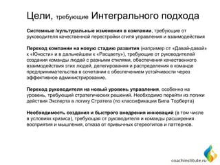 Цели, требующие Интегрального подхода
Системные /культуральные изменения в компании, требующие от
руководителя качественной перестройки стиля управления и взаимодействия
Переход компании на новую стадию развития (например от «Давай-давай»
к «Юности» и в дальнейшем к «Расцвету»), требующие от руководителей
создания команды людей с разными стилями, обеспечения качественного
взаимодействия этих людей, делегирования и распределения в команде
предпринимательства в сочетании с обеспечением устойчивости через
эффективное администрирование.
Переход руководителя на новый уровень управления, особенно на
уровень, требующий стратегических решений. Необходимо перейти из логики
действия Эксперта в логику Стратега (по классификации Била Торберта)
Необходимость создания и быстрого внедрения инноваций (в том числе
в условиях кризиса), требующая от руководителя и команды расширения
восприятия и мышления, отказа от привычных стереотипов и паттернов.

 